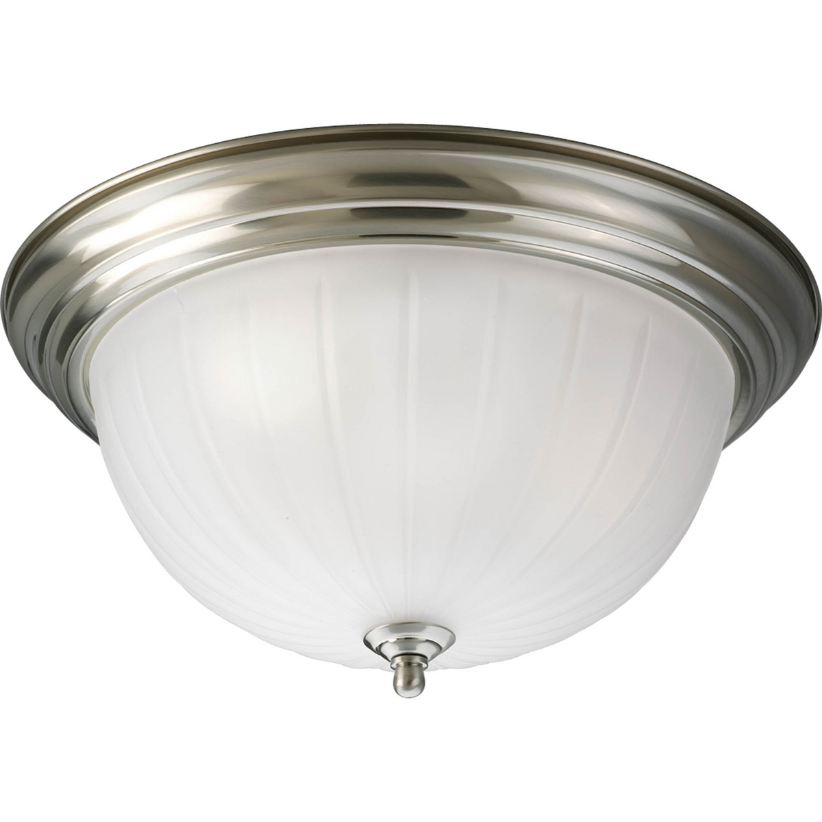 Three-light close-to-ceiling with etched ribbed melon glass with center lock up in Brushed Nickel finish.
