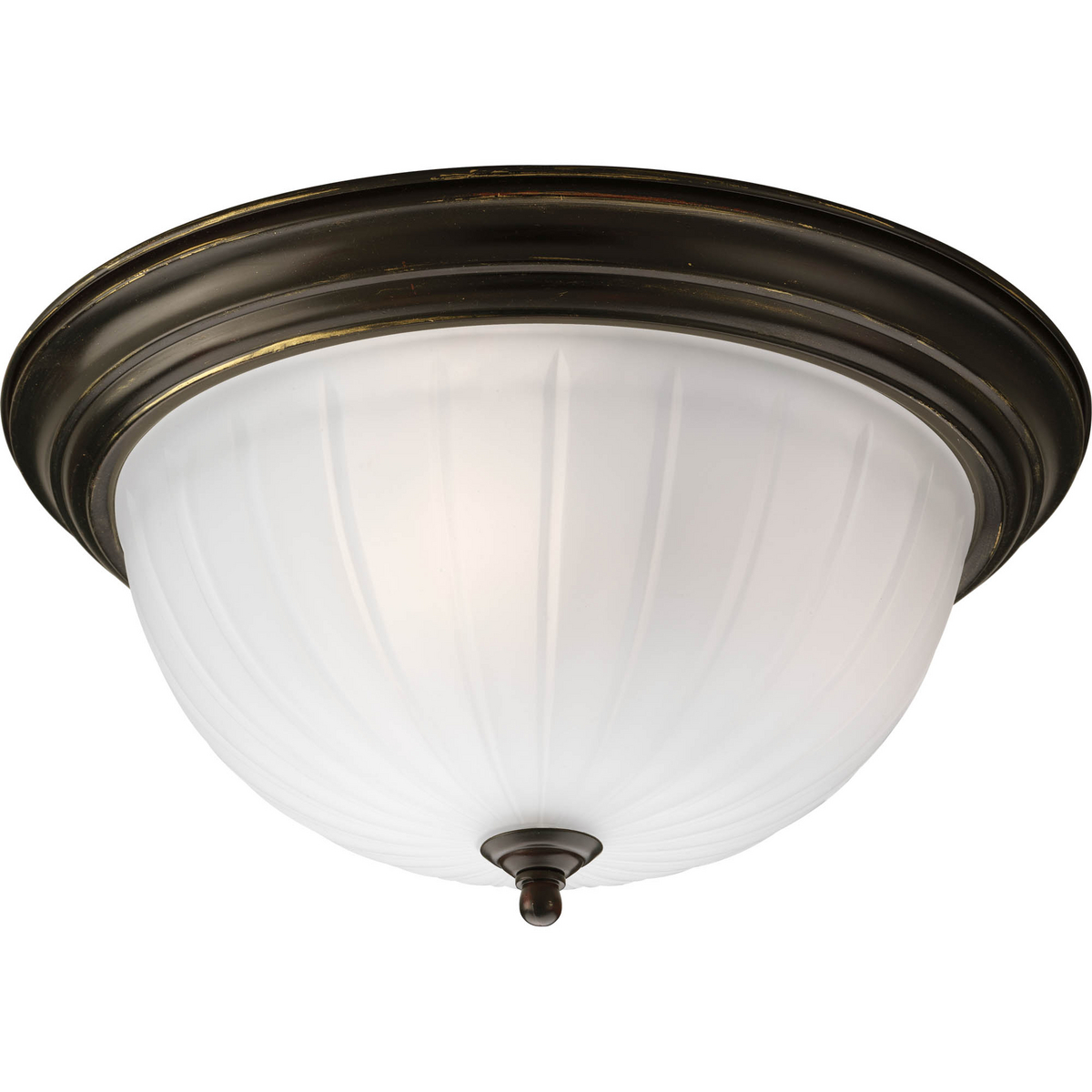 Three-light close-to-ceiling with etched ribbed melon glass with center lock up in Antique Bronze finish.
