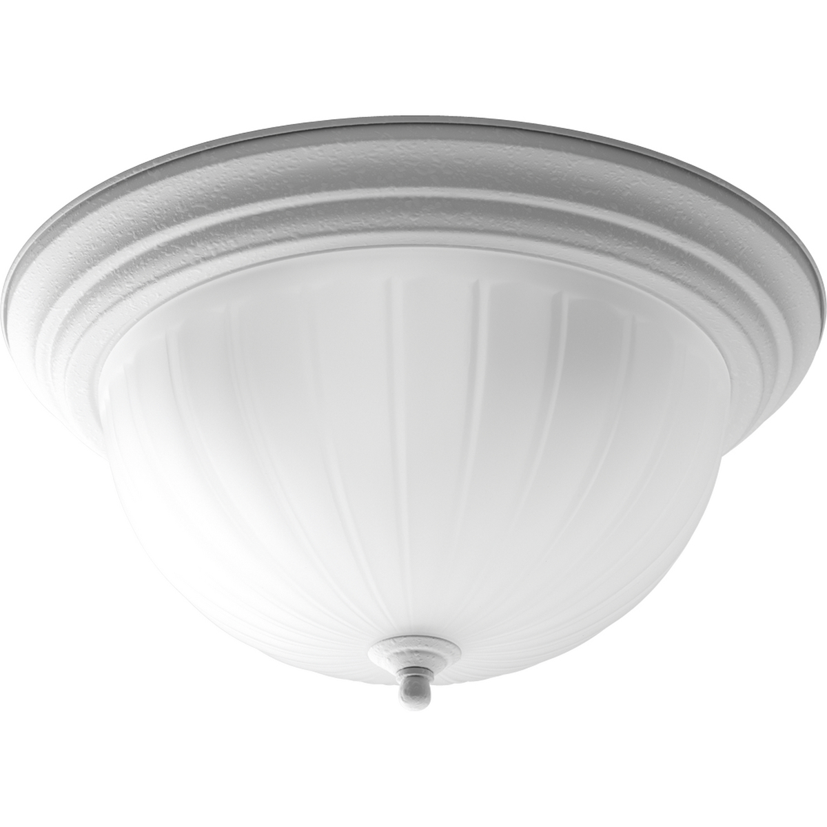 Three-light close-to-ceiling with etched ribbed melon glass with center lock up in White finish.
