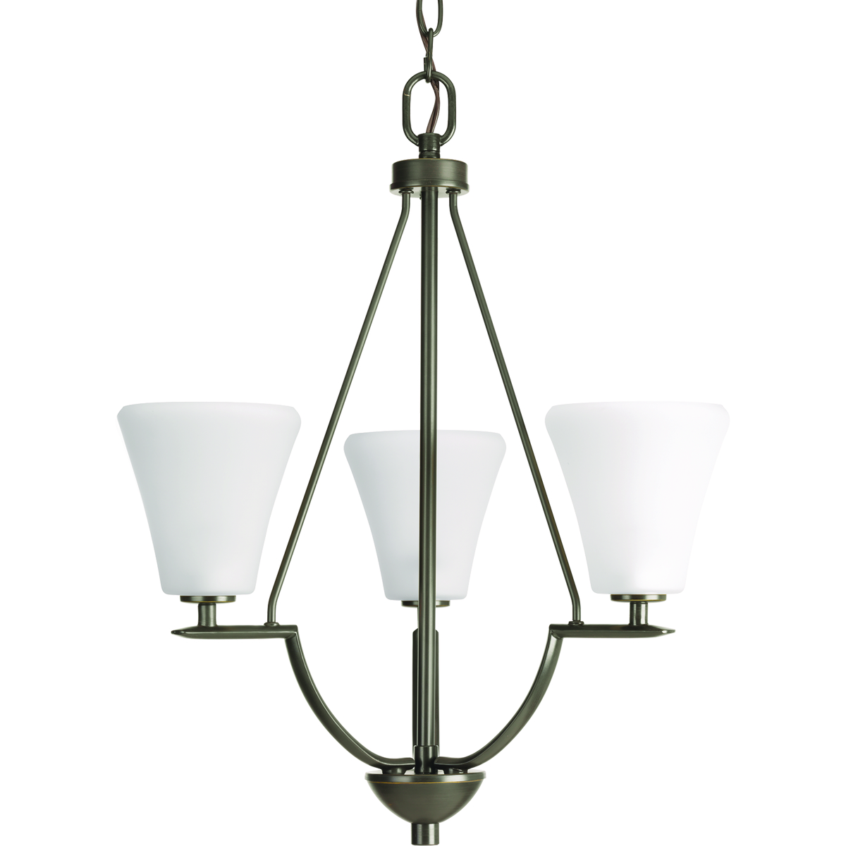 Three-light chandelier/foyer with white etched glass from the Bravo collection. Linear elements stream throughout the fixture to compose a relaxed but exotic ambiance. Generously scaled glass shades add distinction against the Antique Bronze finish and provide pleasing illumination to your room. Bravo possesses a smart simplicity to complement today's home entirely with confidence and style.