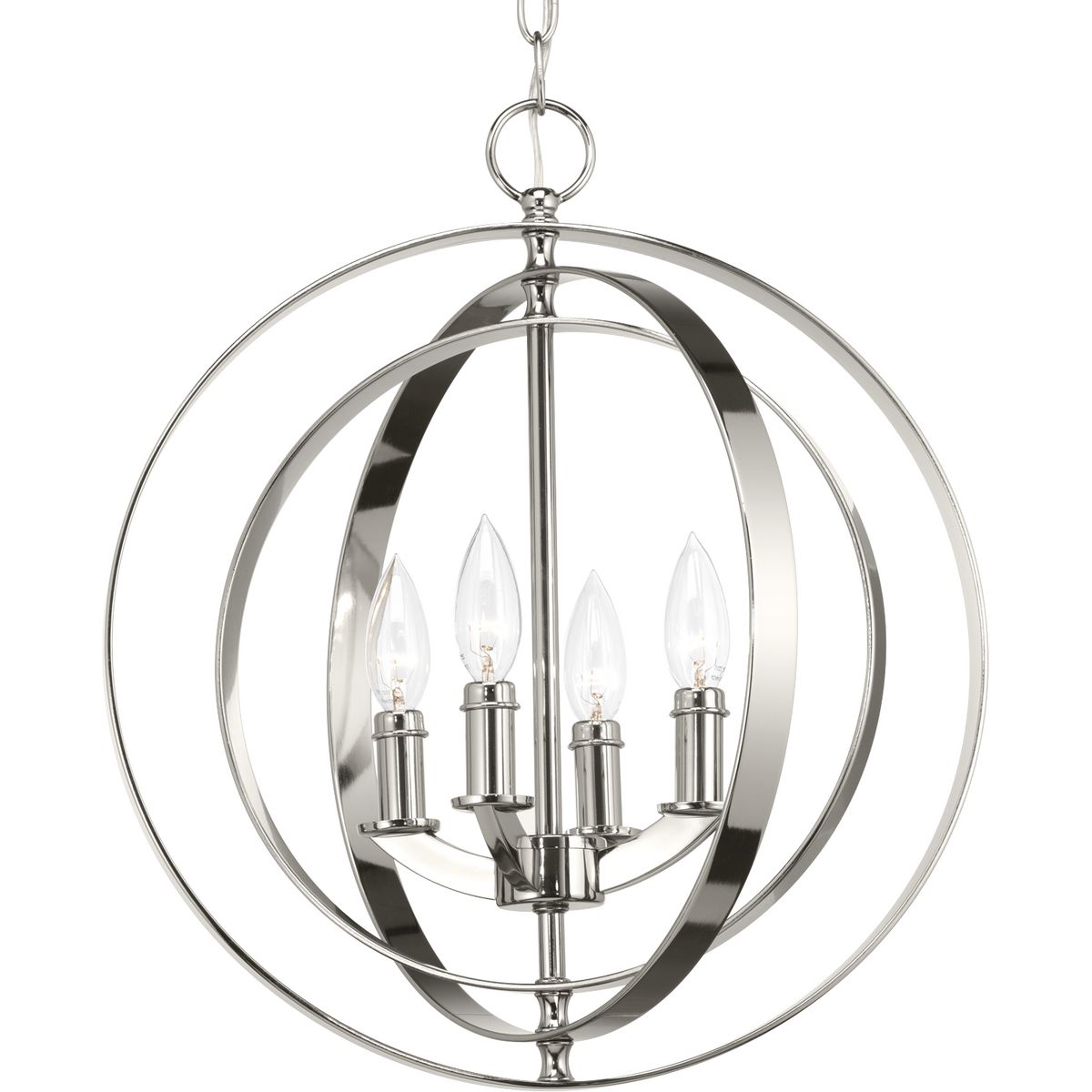 Inspired by ancient astronomy armillary spheres. This oversized oval fixture is part of the stunning Equinox collection. Interlocking rings pivot for an infinite variety of positions. Four-light foyer pendant in a Polished Nickel finish is ideal for linear installations over a farmhouse table, dining room setting or kitchen island.