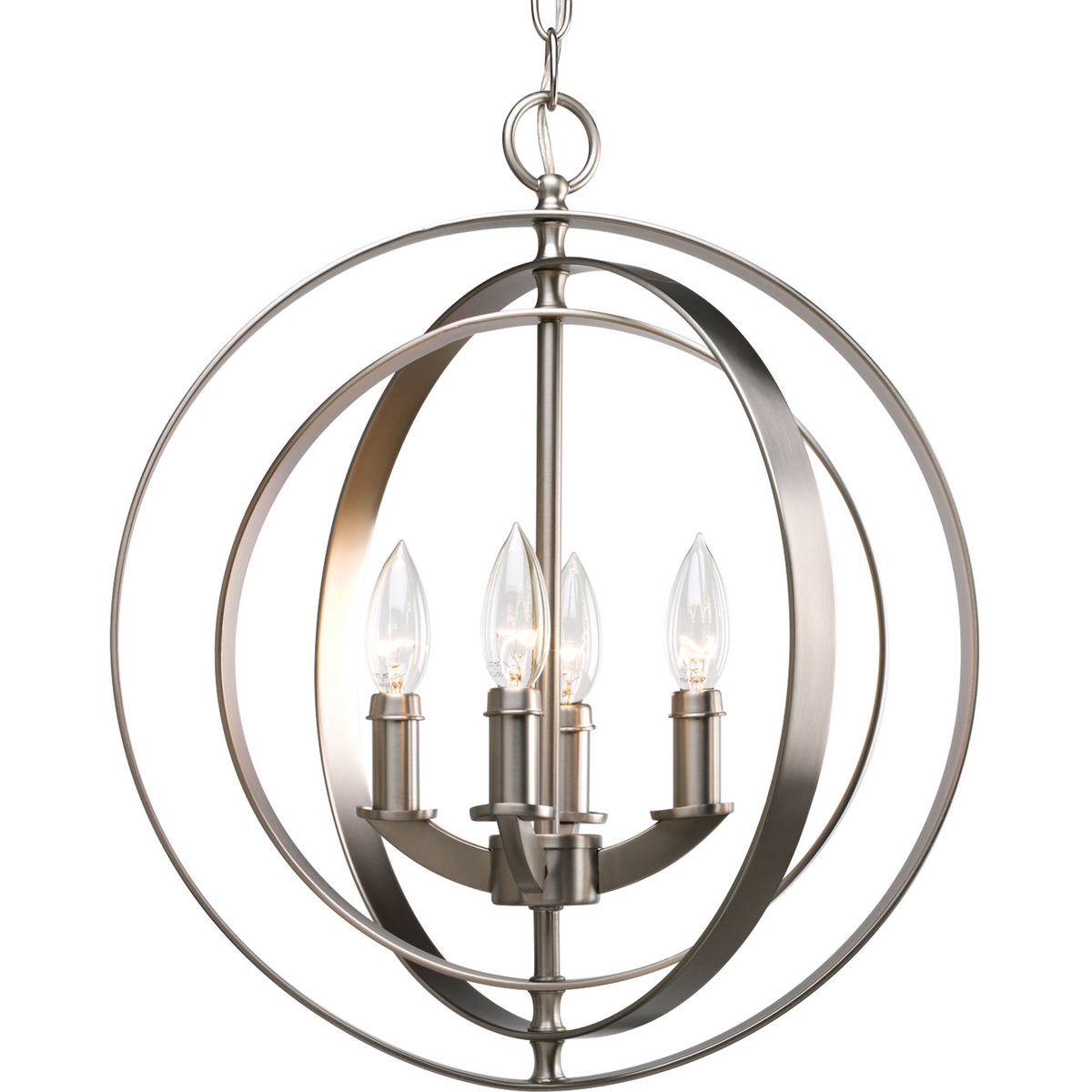 Inspired by ancient astronomy armillary spheres. This oversized oval fixture is part of the stunning Equinox collection. Interlocking rings pivot for an infinite variety of positions. Four-light foyer pendant in a Burnished Silver finish is ideal for linear installations over a farmhouse table, dining room setting or kitchen island.