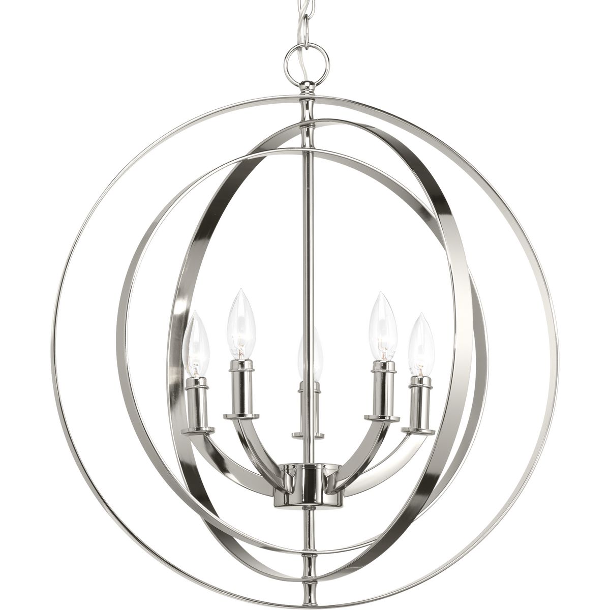 Inspired by ancient astronomy armillary spheres, the interlocking rings pivot for an infinite variety of positions. Five-light chandelier pendant in Polished Chrome is ideal for installations over a farmhouse table, dining room setting or kitchen island. Can be used individually or in groupings of two or more.