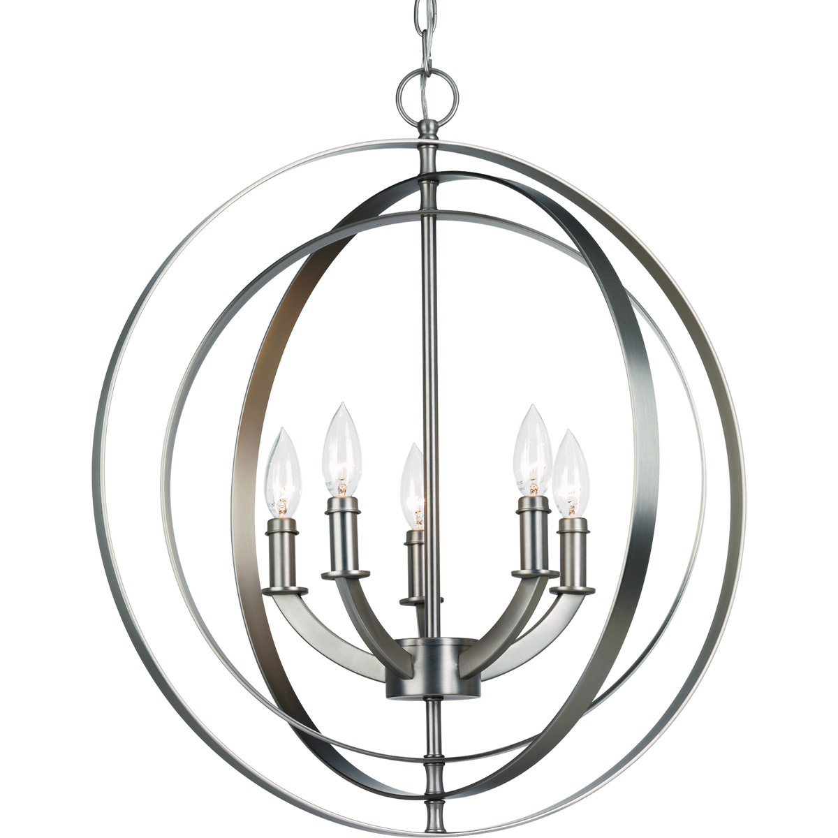 Inspired by ancient astronomy armillary spheres, the interlocking rings pivot for an infinite variety of positions. Five-light chandelier pendant in Burnished Silver is ideal for installations over a farmhouse table, dining room setting or kitchen island. Can be used individually or in groupings of two or more.