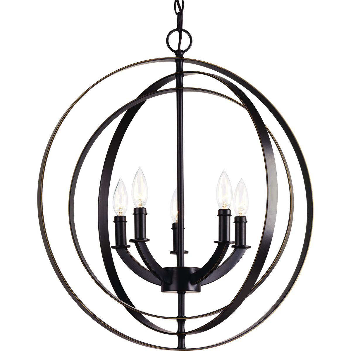 Inspired by ancient astronomy armillary spheres, the interlocking rings pivot for an infinite variety of positions. Five-light chandelier pendant in Antique Bronze is ideal for installations over a farmhouse table, dining room setting or kitchen island. Can be used individually or in groupings of two or more.