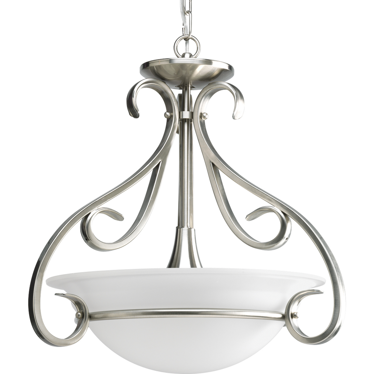 Three-light semi-flush with etched white oversized, bell-shaped glass bowl. Distinctive ebbing and flowing of squared scrolls and arms in Brushed Nickel finish. Chain and ceiling mounts both included.