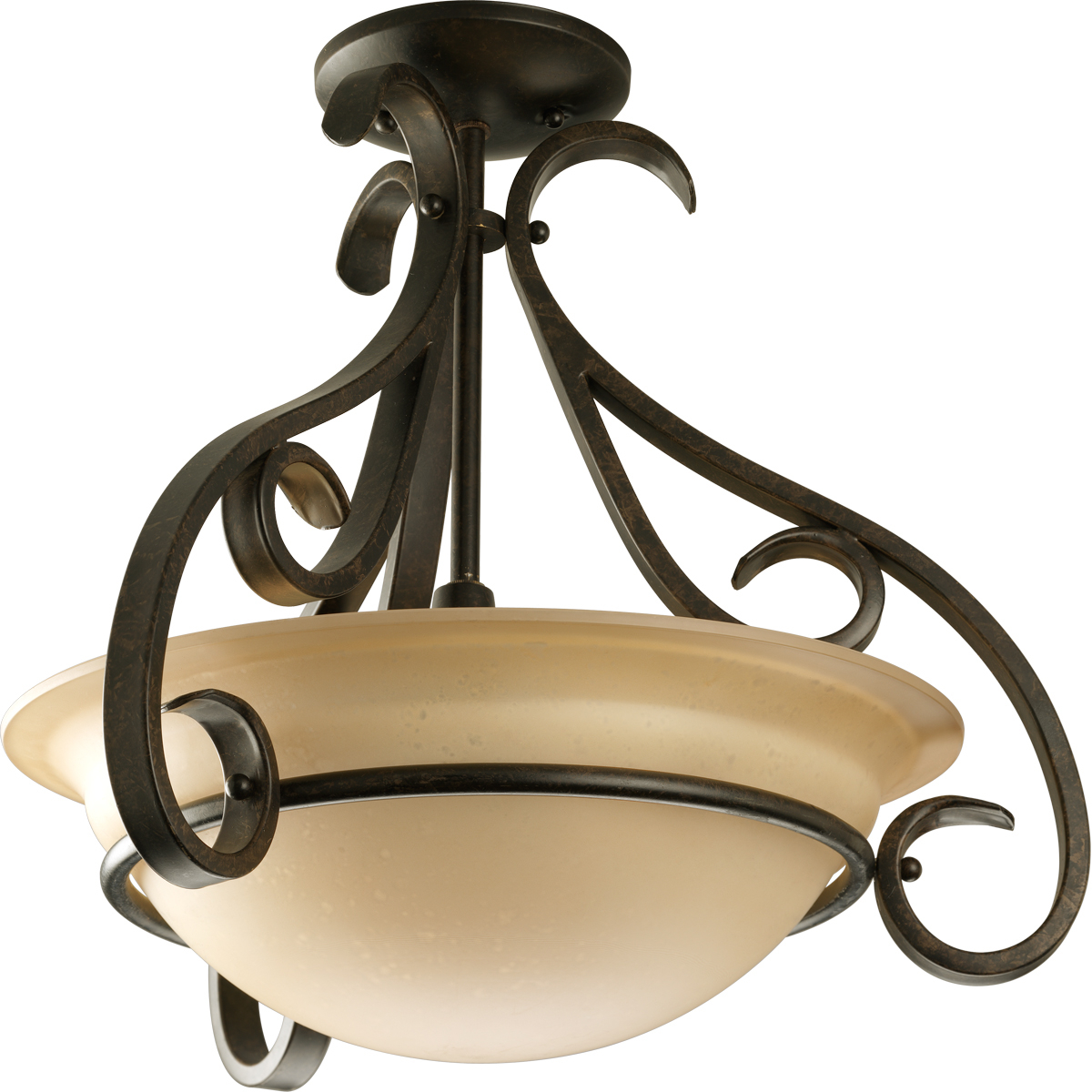 Three-light semi-flush with tea stained oversized, bell-shaped glass bowl. Distinctive ebbing and flowing of squared scrolls and arms in Forged Bronze finish. Chain and ceiling mounts both included.