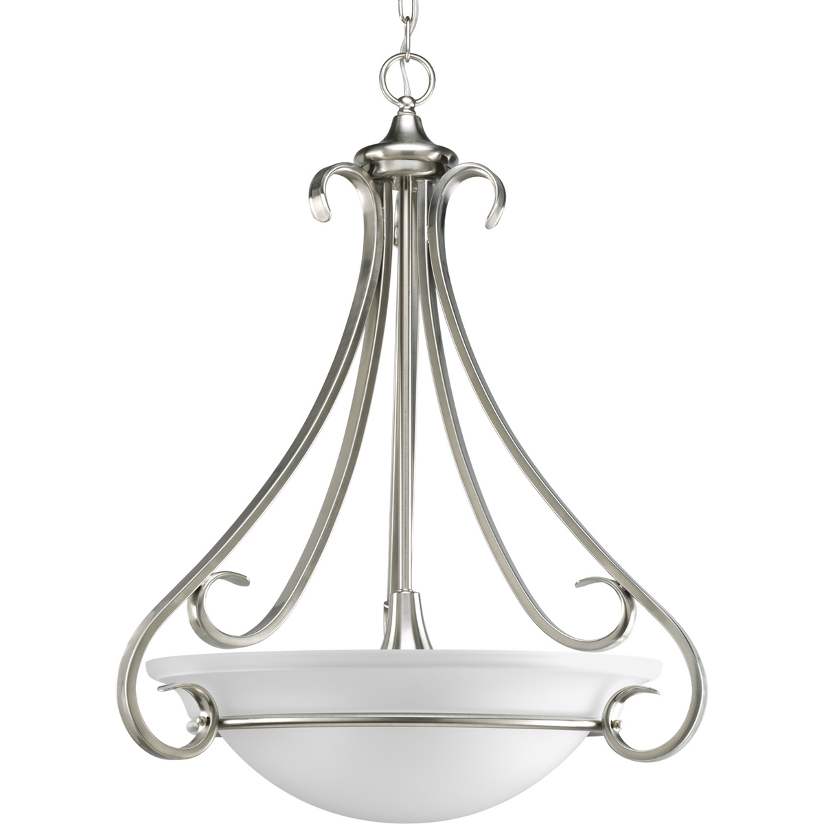 Three-light inverted pendant with etched white oversized, bell-shaped glass bowl. Distinctive ebbing and flowing of squared scrolls and arms in Brushed Nickel finish.