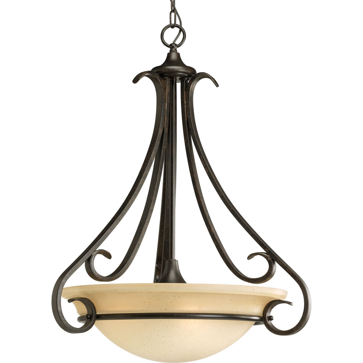Three-light inverted pendant with tea stained oversized, bell-shaped glass bowl. Distinctive ebbing and flowing of squared scrolls and arms in Forged Bronze finish.