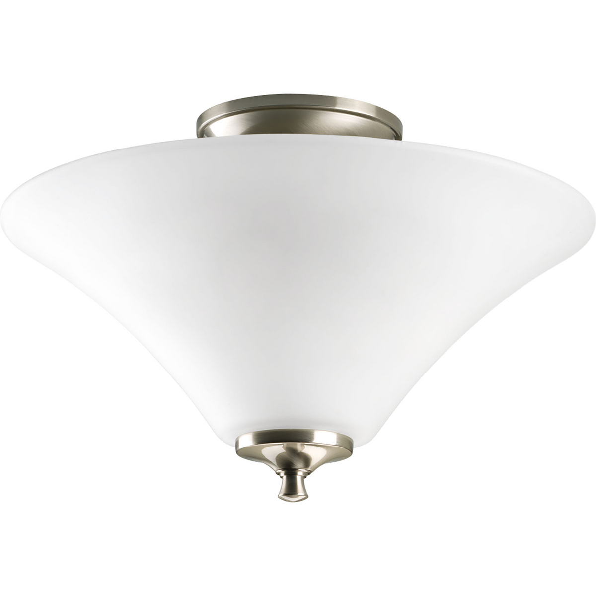 Two-light semi-flush with modern trumpet glass shades in a soft etched finish. This collection delivers a minimalist urban style and is finished in Brushed Nickel.