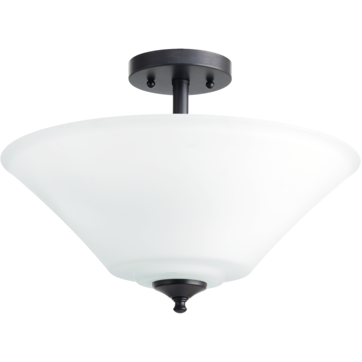 Gleeful simplicity defines the Joy Collection. Refreshing and fashionable, arcing forms of metal and fluted glass shades are enhanced by a classic Antique Bronze finish. One white etched glass complete the look and allows you to coordinate well with other fixtures from this collection. Bring joy into your heart and into your home with this wonderful three-light semi-slush fixture. Can also be chain hung.