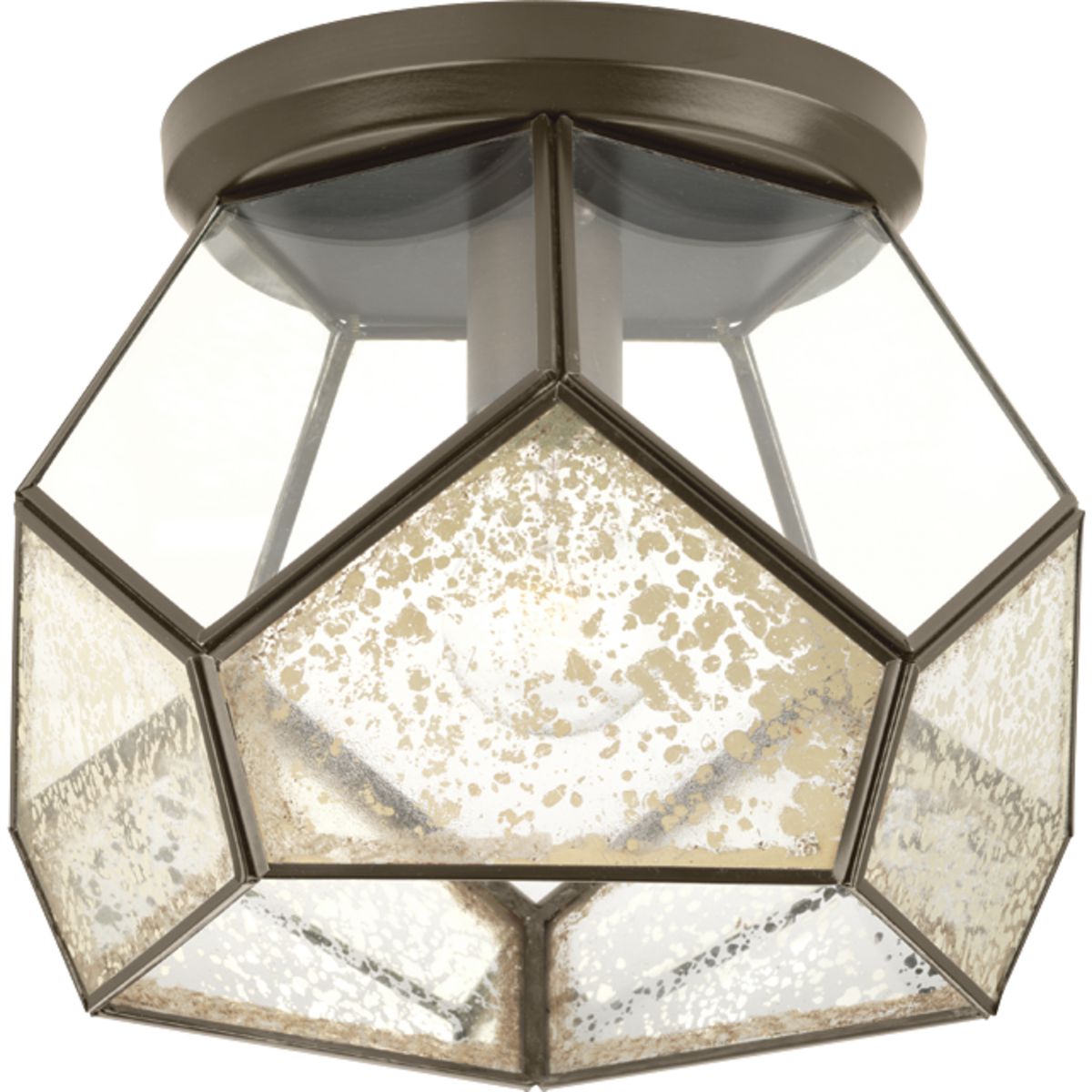 Cinq finds inspiration from modern geometric designs and the beauty of contrasting elements. Five-sided bottom panels feature antique mirrored glass, while the upper panels are comprised of clear glass. This close-to-ceiling fixture from our Design Series collections is finished in Antique Bronze.