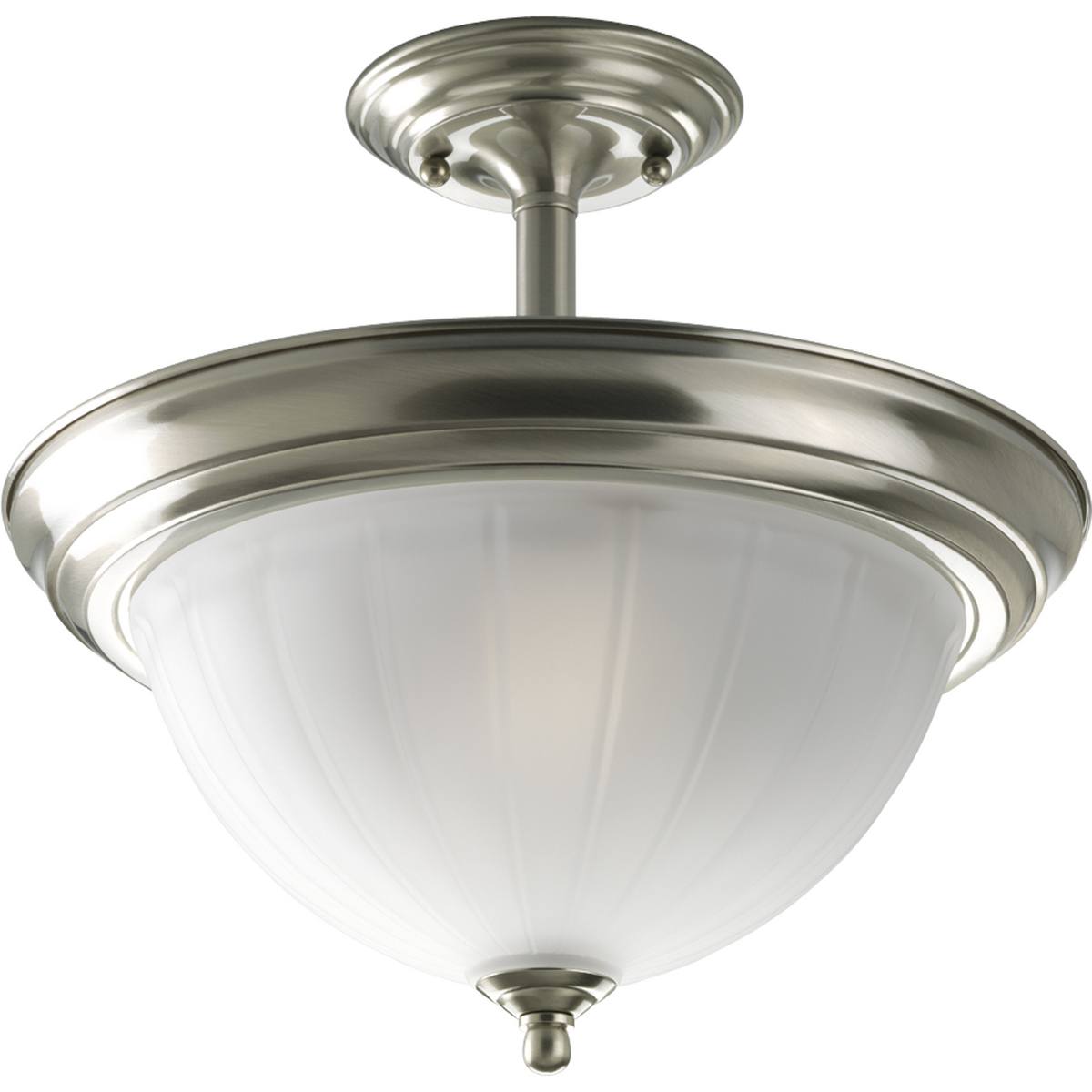 Two-light 13-1/4 in semi-flush mount with dome shaped etched glass, solid trim and decorative knobs. Center lock-up with matching finial. Brushed Nickel finish.