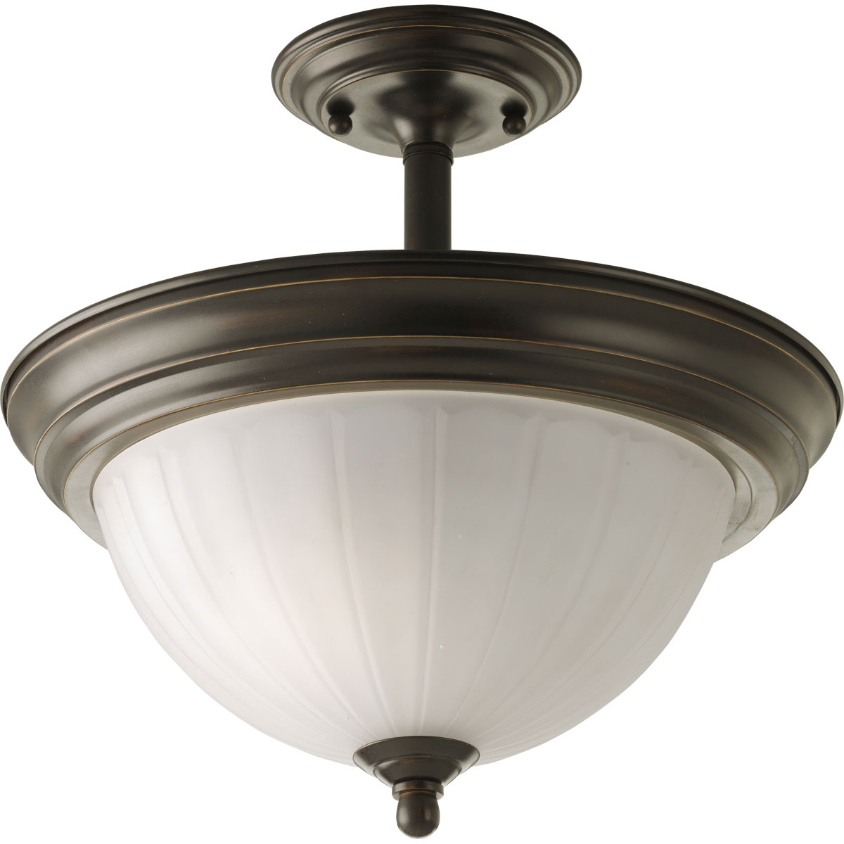 Two-light 13-1/4 in semi-flush mount with dome shaped etched glass, solid trim and decorative knobs. Center lock-up with matching finial. Antique Bronze finish.