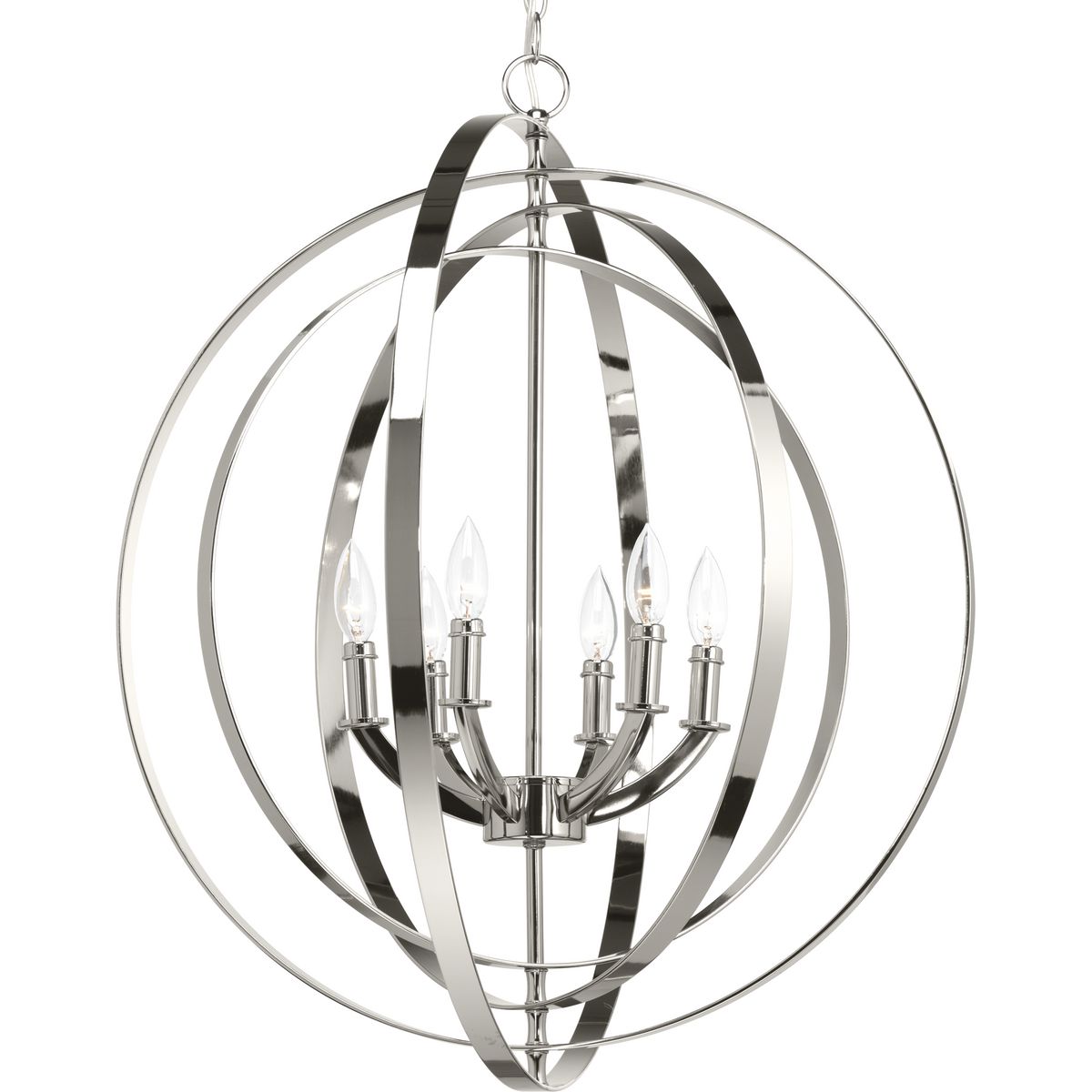 Inspired by ancient astronomy armillary spheres, the interlocking rings pivot for an infinite variety of positions. Six-light chandelier pendant in Polished Chrome is ideal for installations over a farmhouse table, dining room setting or kitchen island.