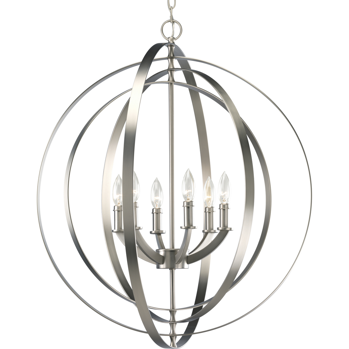 Inspired by ancient astronomy armillary spheres, the interlocking rings pivot for an infinite variety of positions. Six-light chandelier pendant in Burnished Silver is ideal for installations over a farmhouse table, dining room setting or kitchen island.