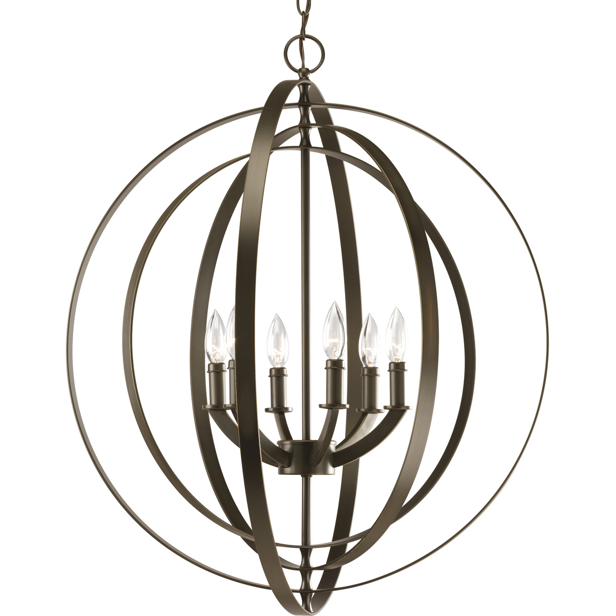 Inspired by ancient astronomy armillary spheres, the interlocking rings pivot for an infinite variety of positions. Six-light chandelier pendant in Antique Bronze is ideal for installations over a farmhouse table, dining room setting or kitchen island.