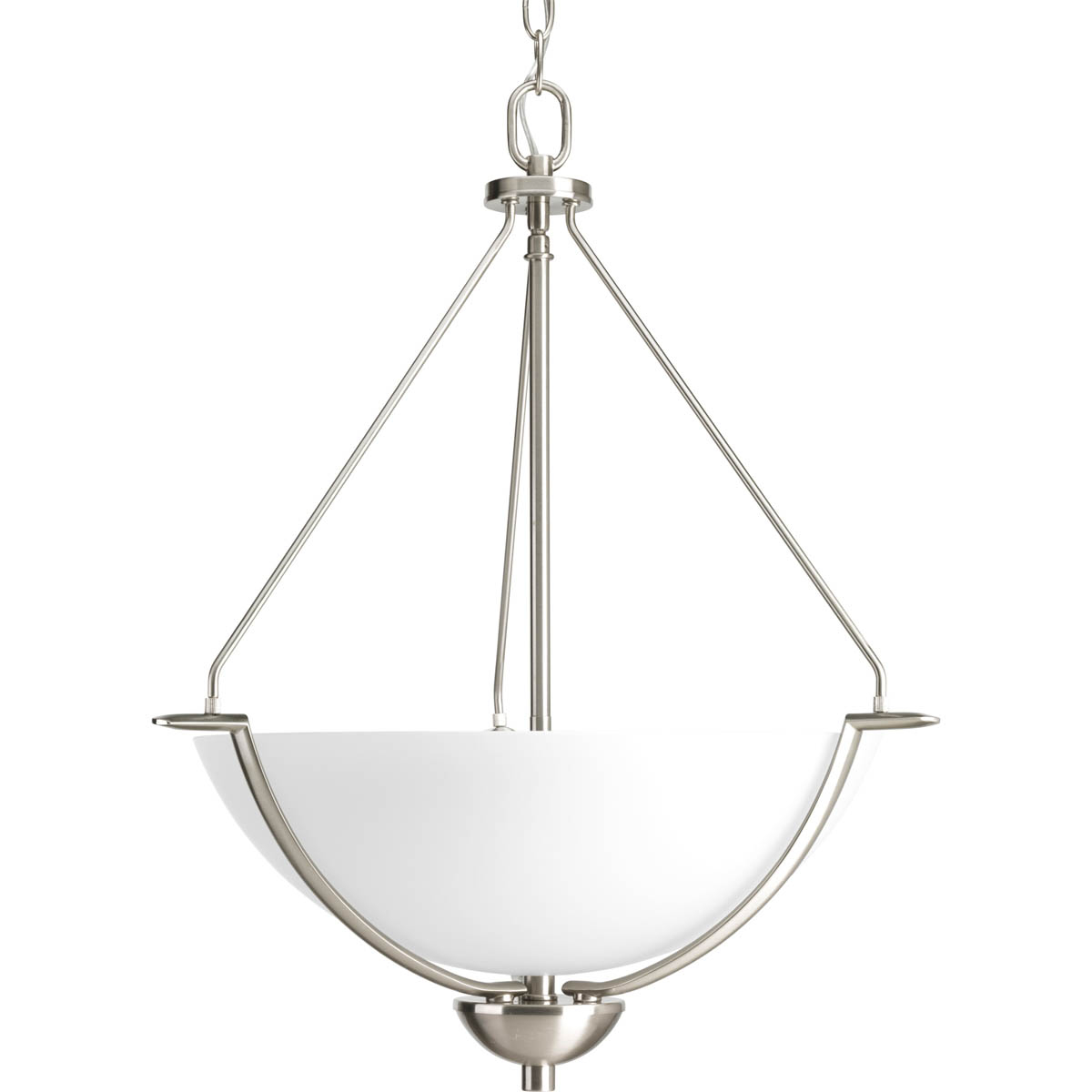 Three-light inverted pendant. A current, truly transitional style is achieved with Bravo's free-flowing arms that are gracefully suspended with fluted shaped glass.
