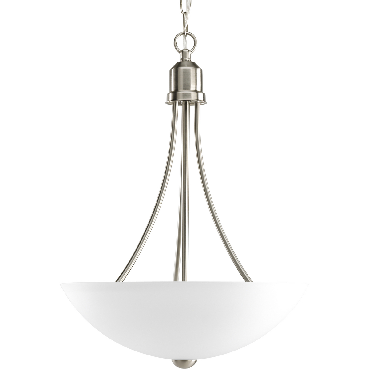 Gather possesses a smart simplicity to complement today's home. This two-light inverted pendant contains etched glass shades which add distinction and provide pleasing illumination to your room. Featuring a glamorous Brushed Nickel finished frame, this collection allows you to decorate an entire home with confidence and style.