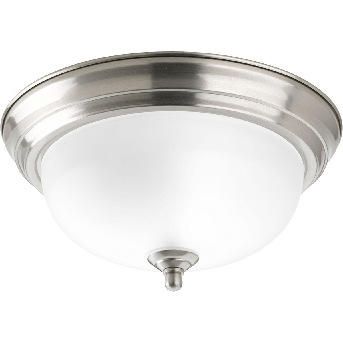 One-light 11 in flush mount with dome shaped etched glass, solid trim and decorative knobs. Center lock-up with matching finial. Brushed Nickel finish.