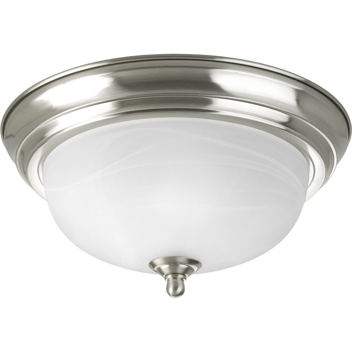 One-light 11 in flush mount with dome shaped alabaster glass, solid trim and decorative knobs. Center lock-up with matching finial. Brushed Nickel finish.