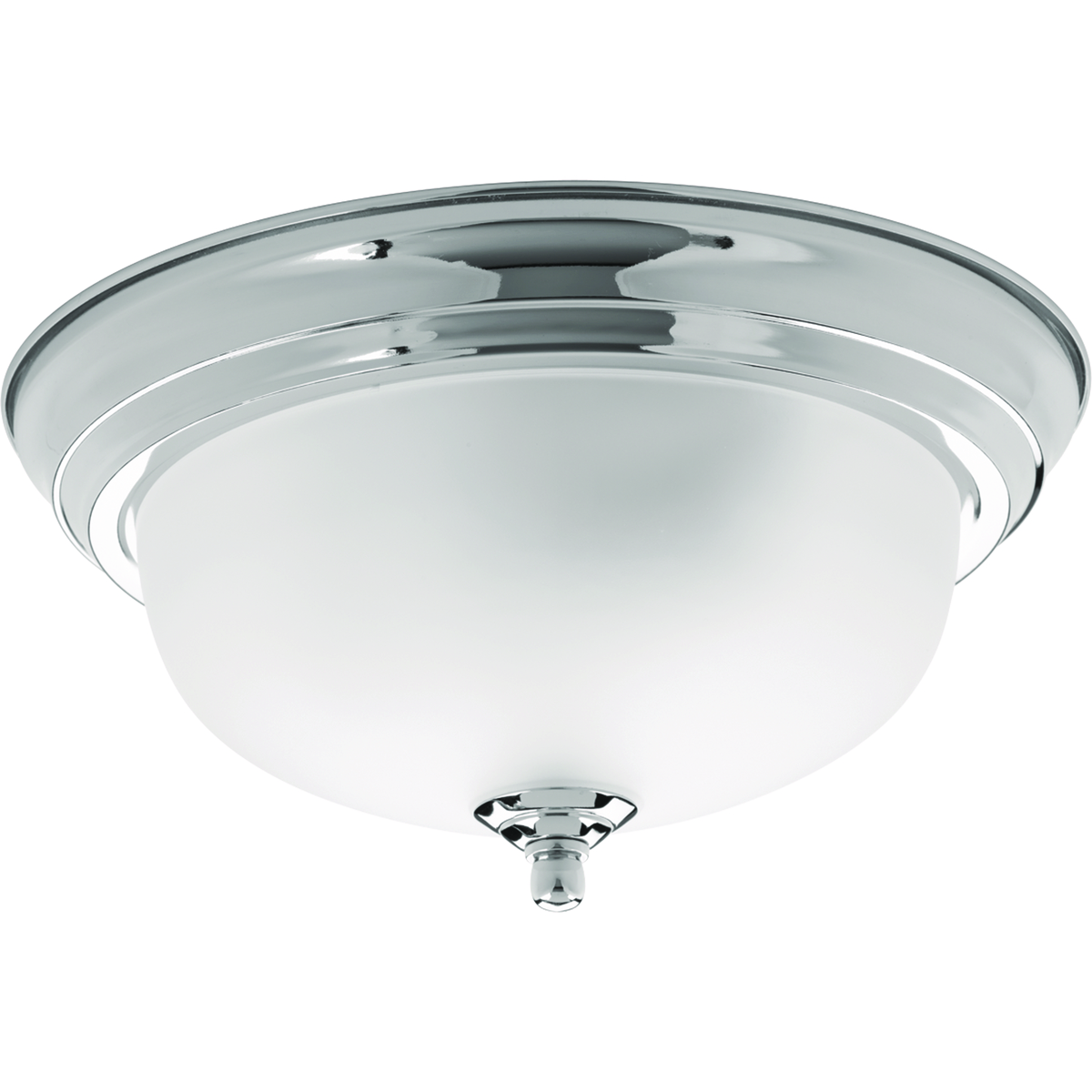 One-light flush mount with dome shaped glass, solid trim and decorative knobs. The polished chrome finish has an etched glass shade.