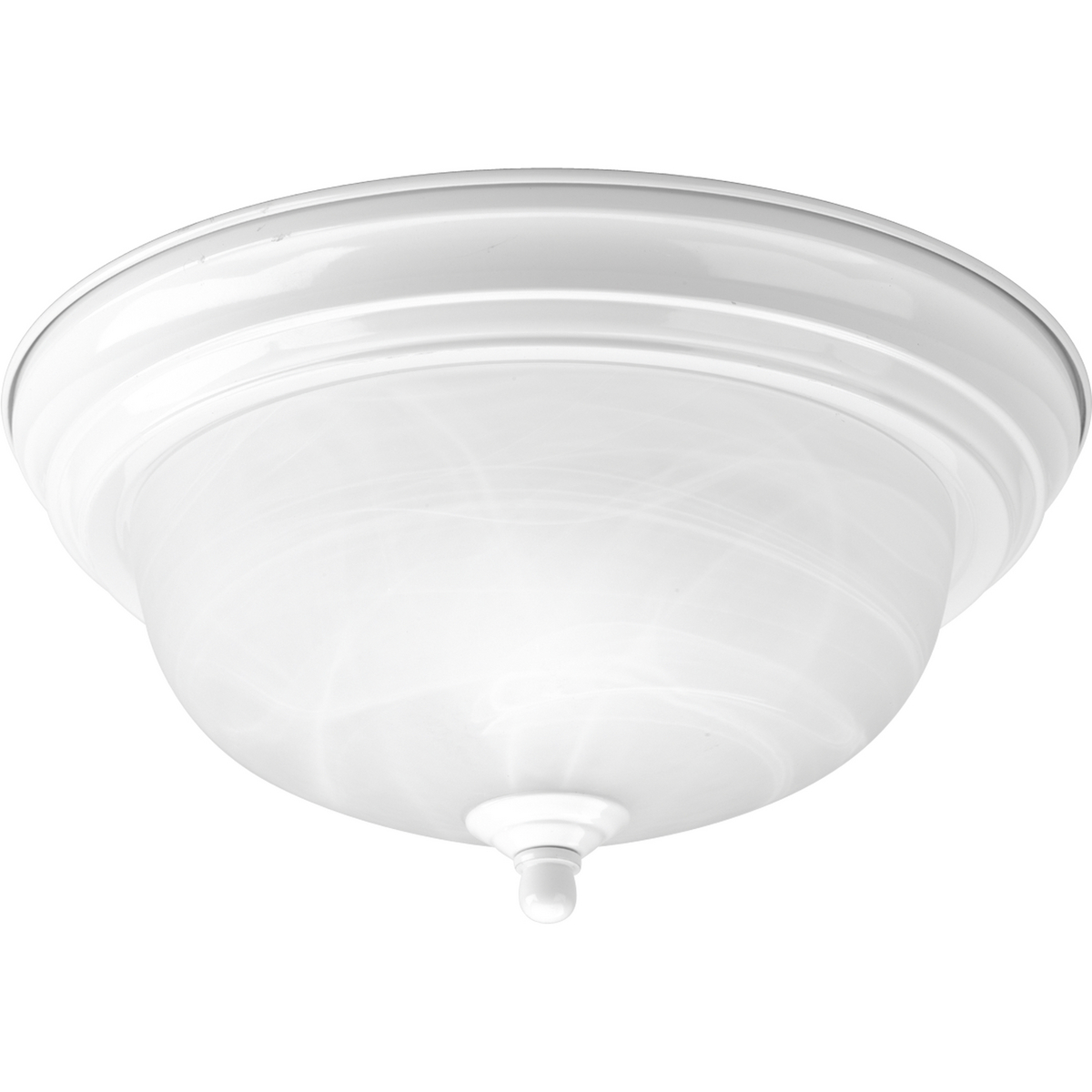 One-light 11 in flush mount with dome shaped alabaster glass, solid trim and decorative knobs. Center lock-up with matching finial. White finish.