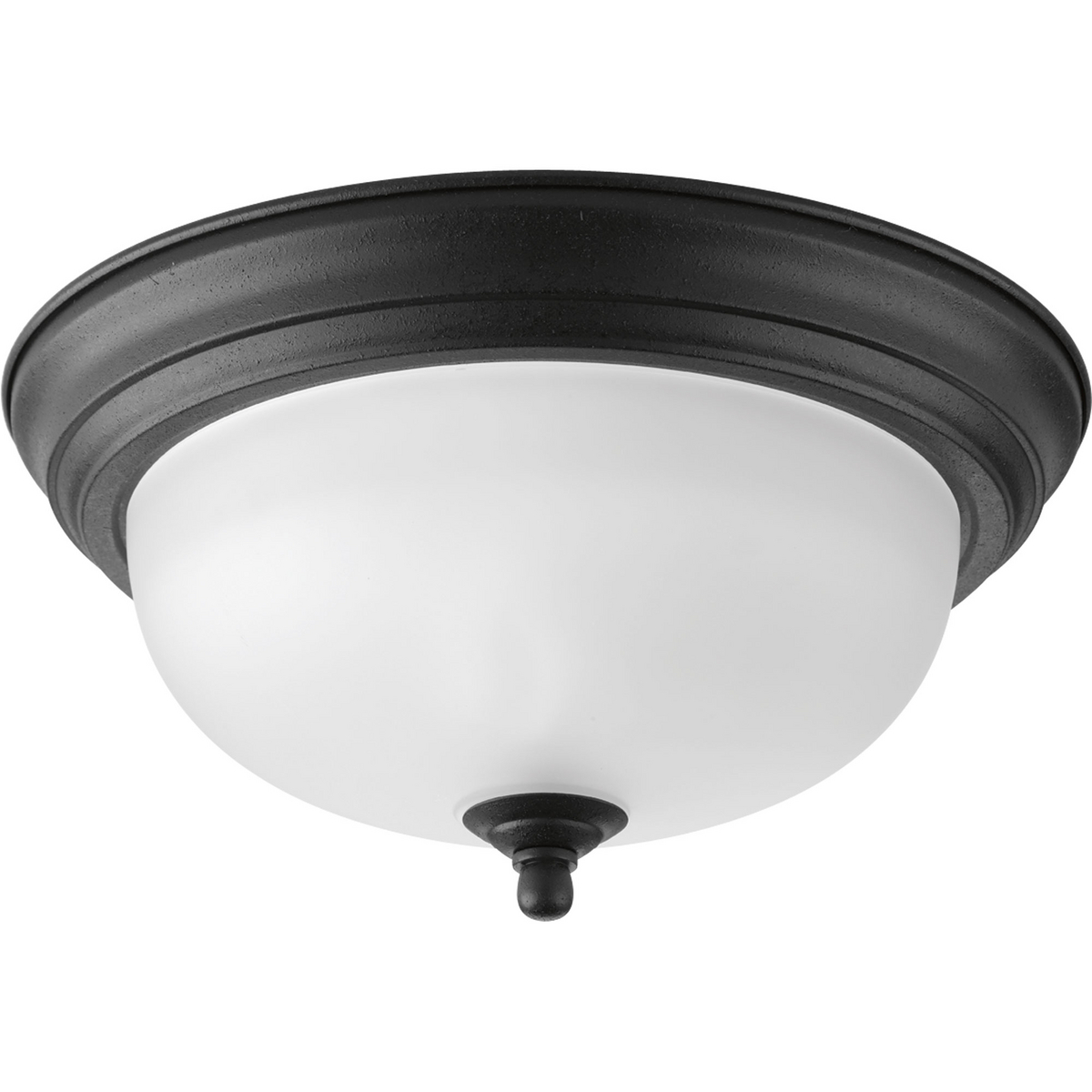 One-light 11 in flush mount with dome shaped alabaster glass, solid trim and decorative knobs. Center lock-up with matching finial. Forged Black finish.