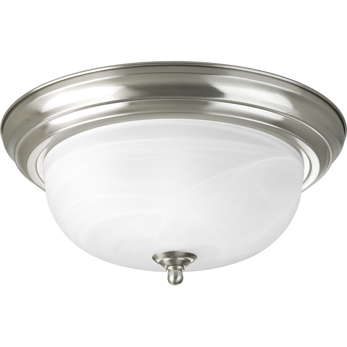 Two-light flush mount with dome shaped alabaster glass, solid trim and decorative knobs. Center lock-up with matching finial. Brushed Nickel finish.