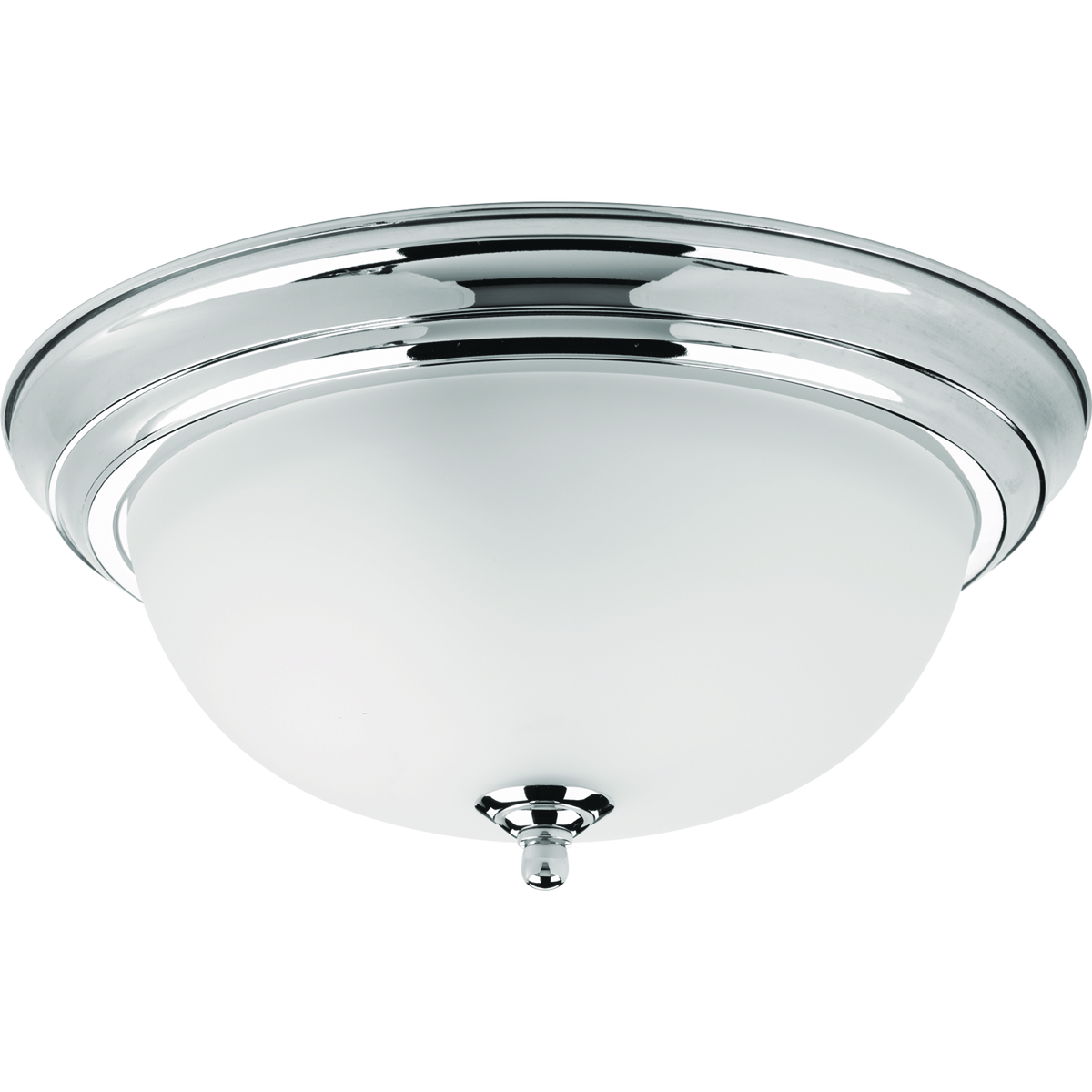 Two-light flush mount with dome shaped glass, solid trim and decorative knobs. The polished chrome finish has an etched glass shade.