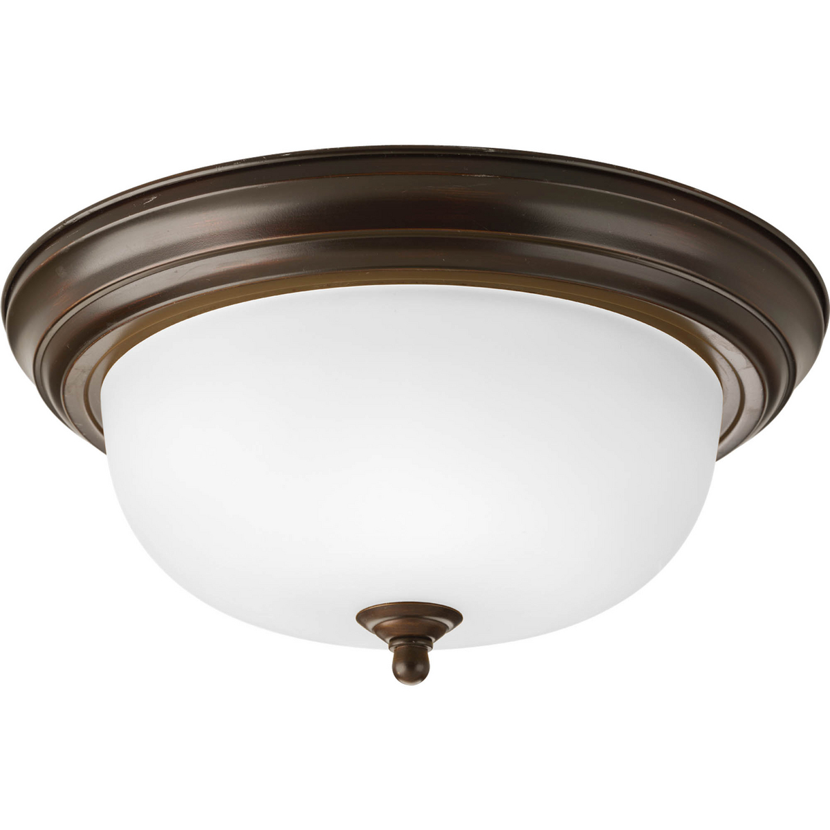 Rimmed in rich brown hardware that mounts flush to your ceiling, the frosted glass dome of this two-light fixture casts pleasing ambient light. This design offers an attractive solution to illuminating a space with a low ceiling. Two-light flush mount with dome shaped etched glass, solid trim and decorative knobs. Center lock-up with matching finial.