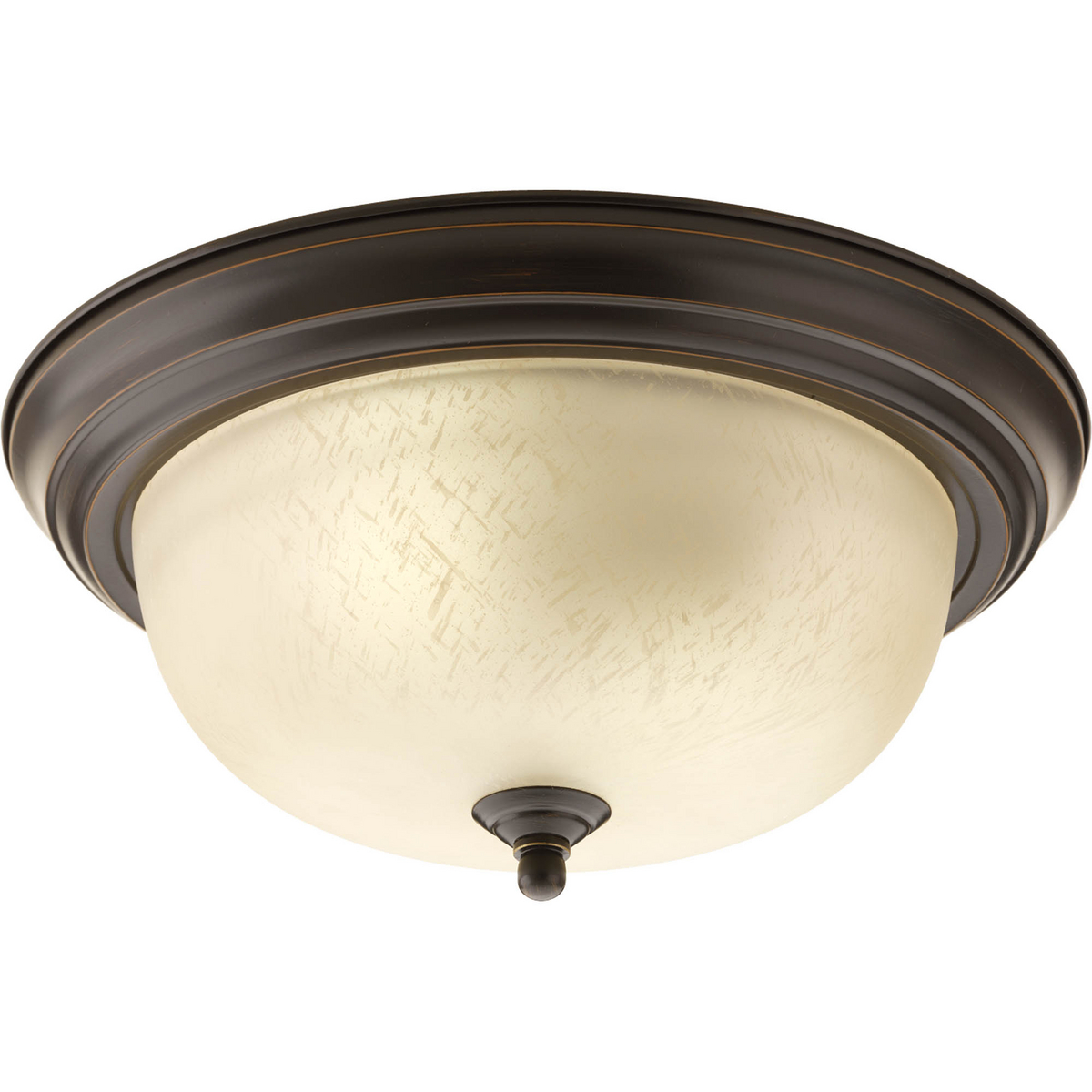 Two-light flush mount with dome shaped etched umber linen glass, solid trim and decorative knobs. Center lock-up with matching finial.