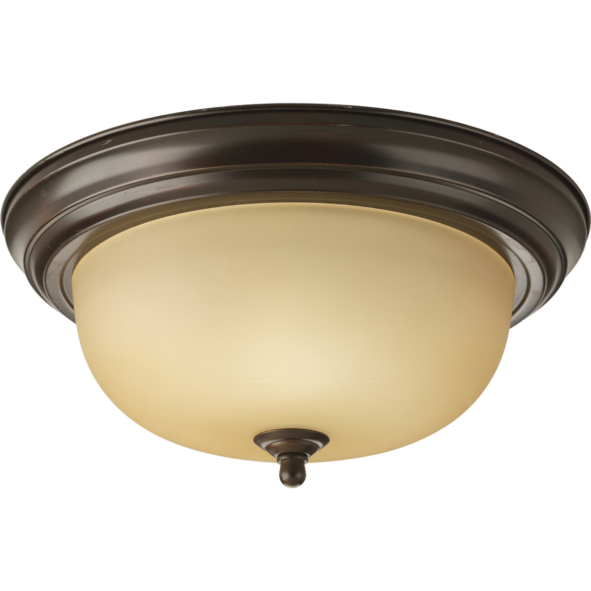 Two-light flush mount with dome shaped etched light topaz glass, solid trim and decorative knobs. Center lock-up with matching finial.
