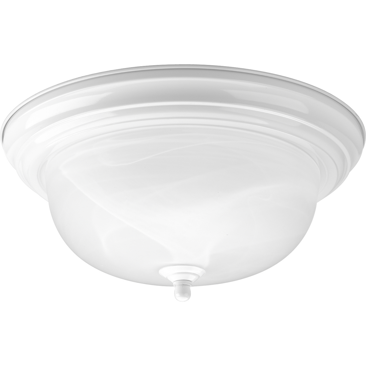 Two-light flush mount with dome shaped alabaster glass, solid trim and decorative knobs. Center lock-up with matching finial. White finish.