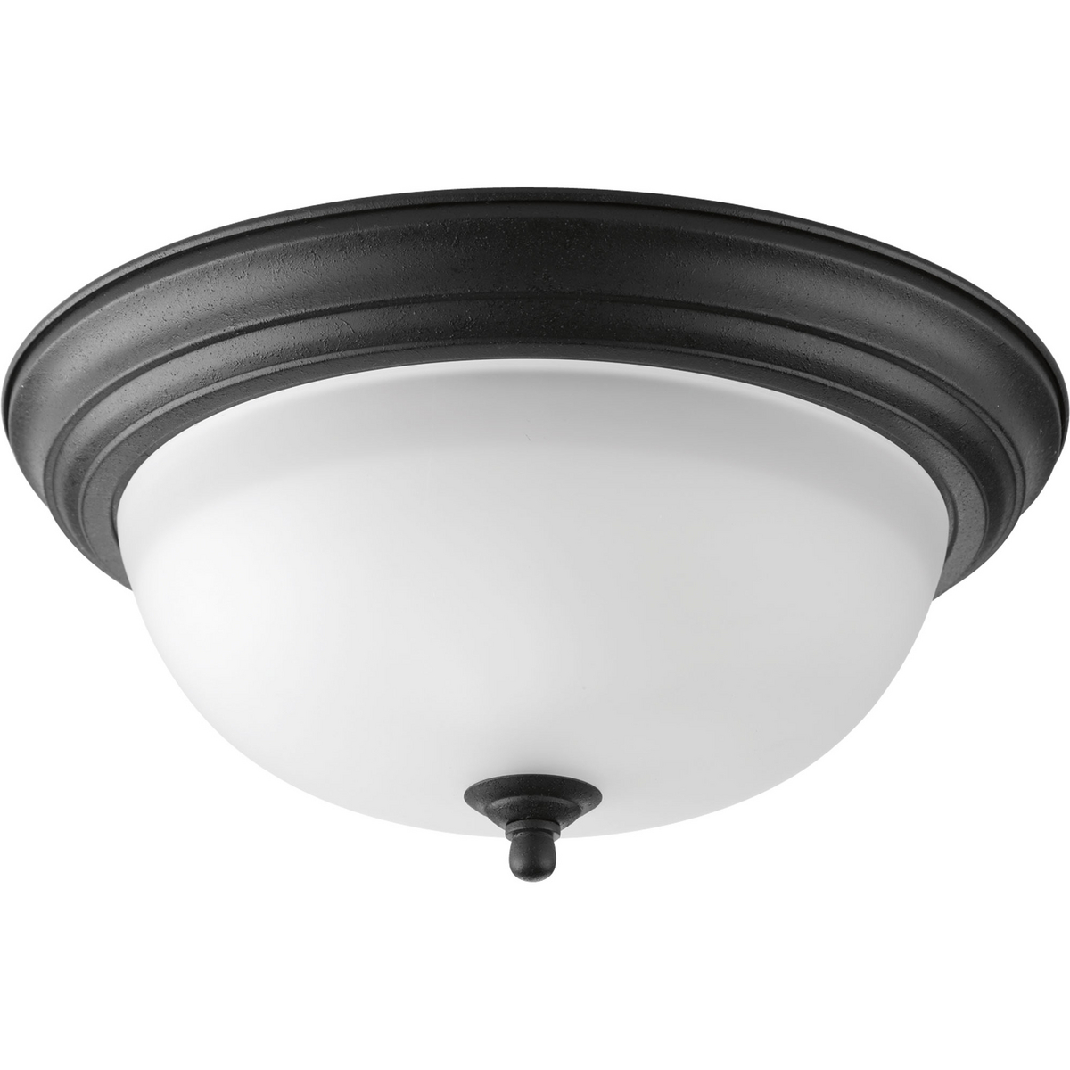 Two-light flush mount with dome shaped alabaster glass, solid trim and decorative knobs. Center lock-up with matching finial. Forged Black finish.