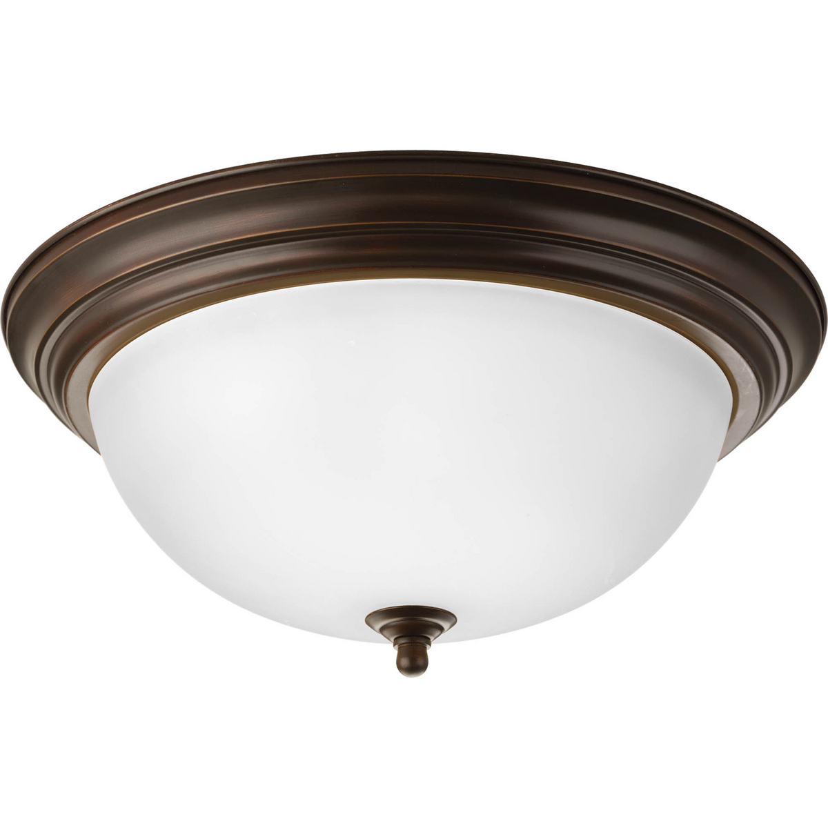 Three-light flush mount with dome shaped etched glass, solid trim and decorative knobs. Center lock-up with matching finial. Antique Bronze finish.
