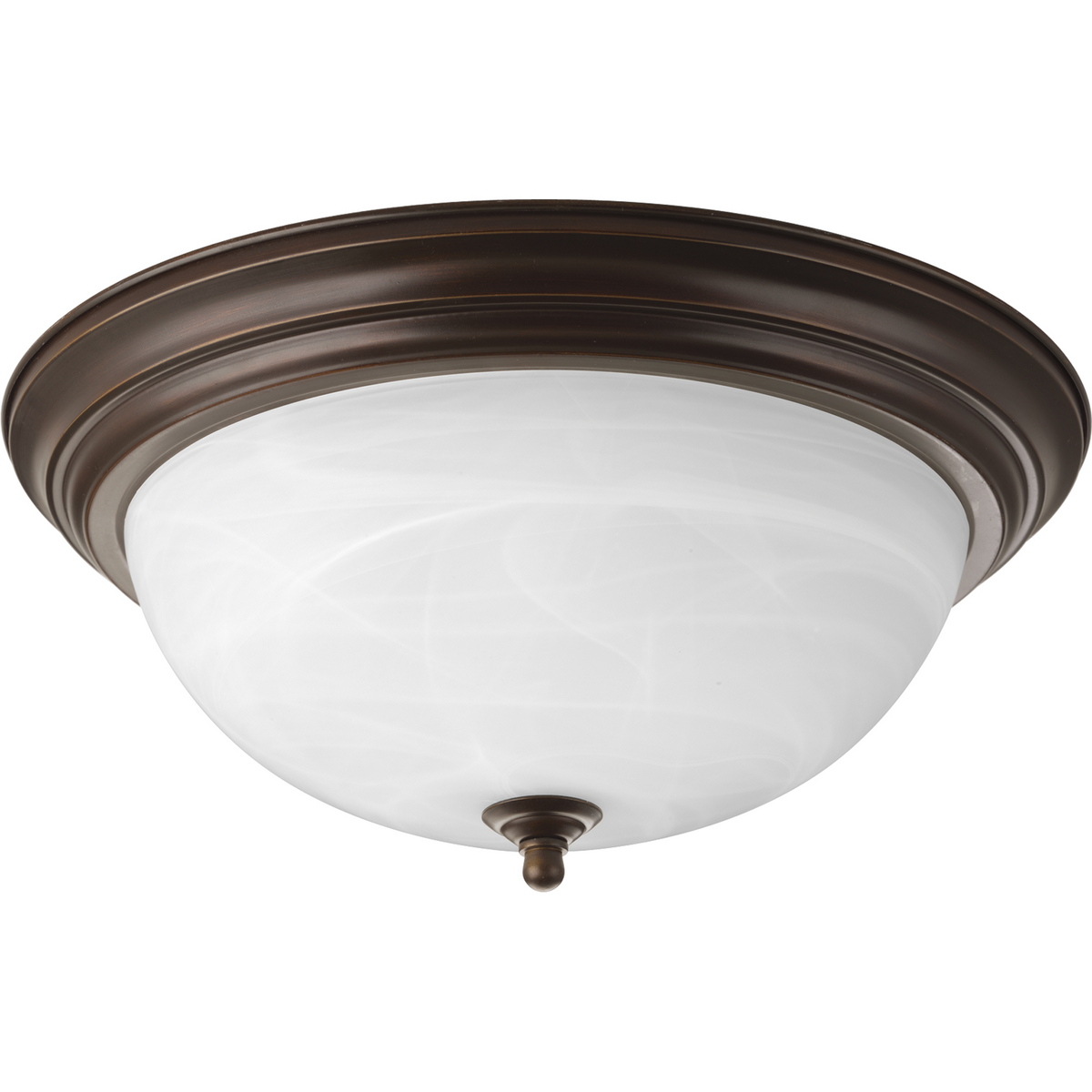 Three-light flush mount with dome shaped alabaster glass, solid trim and decorative knobs. Center lock-up with matching finial. Antique Bronze finish.