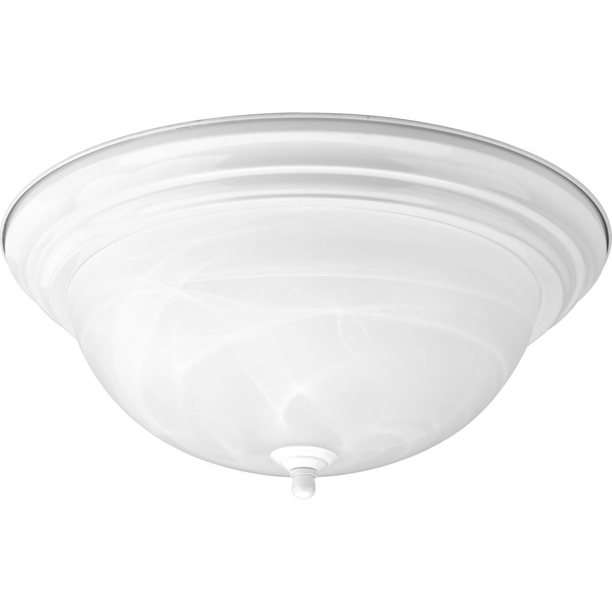 Three-light flush mount with dome shaped alabaster glass, solid trim and decorative knobs. Center lock-up with matching finial. White finish.
