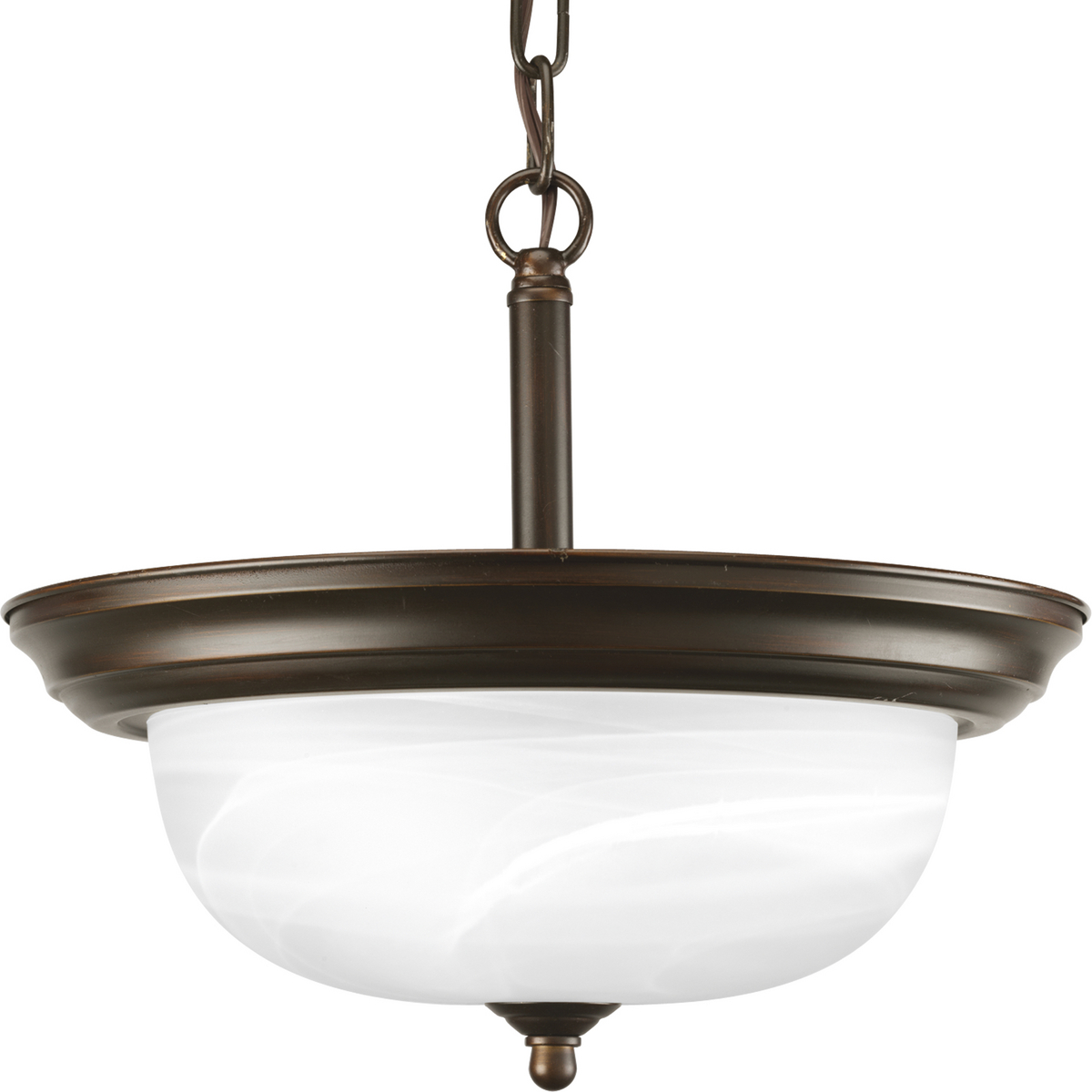 Two-light semi-flush featuring dome shaped glass with solid trim and decorative knobs. Chain and ceiling mounts both included. Antique Bronze finish.