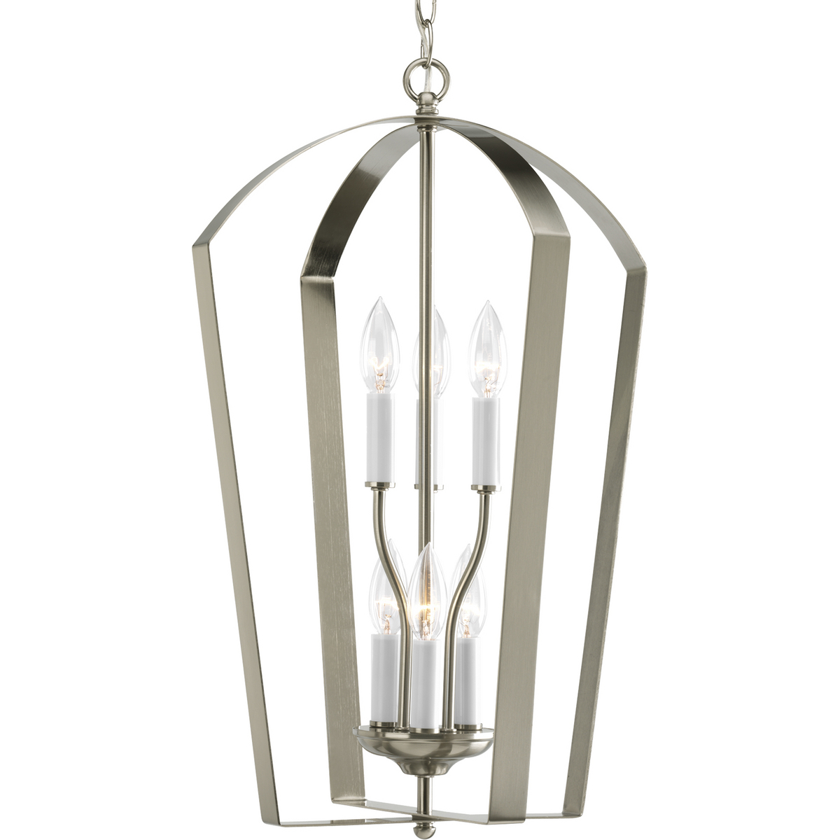 Gather possesses a smart simplicity to complement today's home. This six-light foyer fixture contains both white and matching finish candle sleeves which add distinction and elegance to your room. Featuring a glamorous Brushed Nickel finished frame, this collection allows you to decorate an entire home with confidence and style.