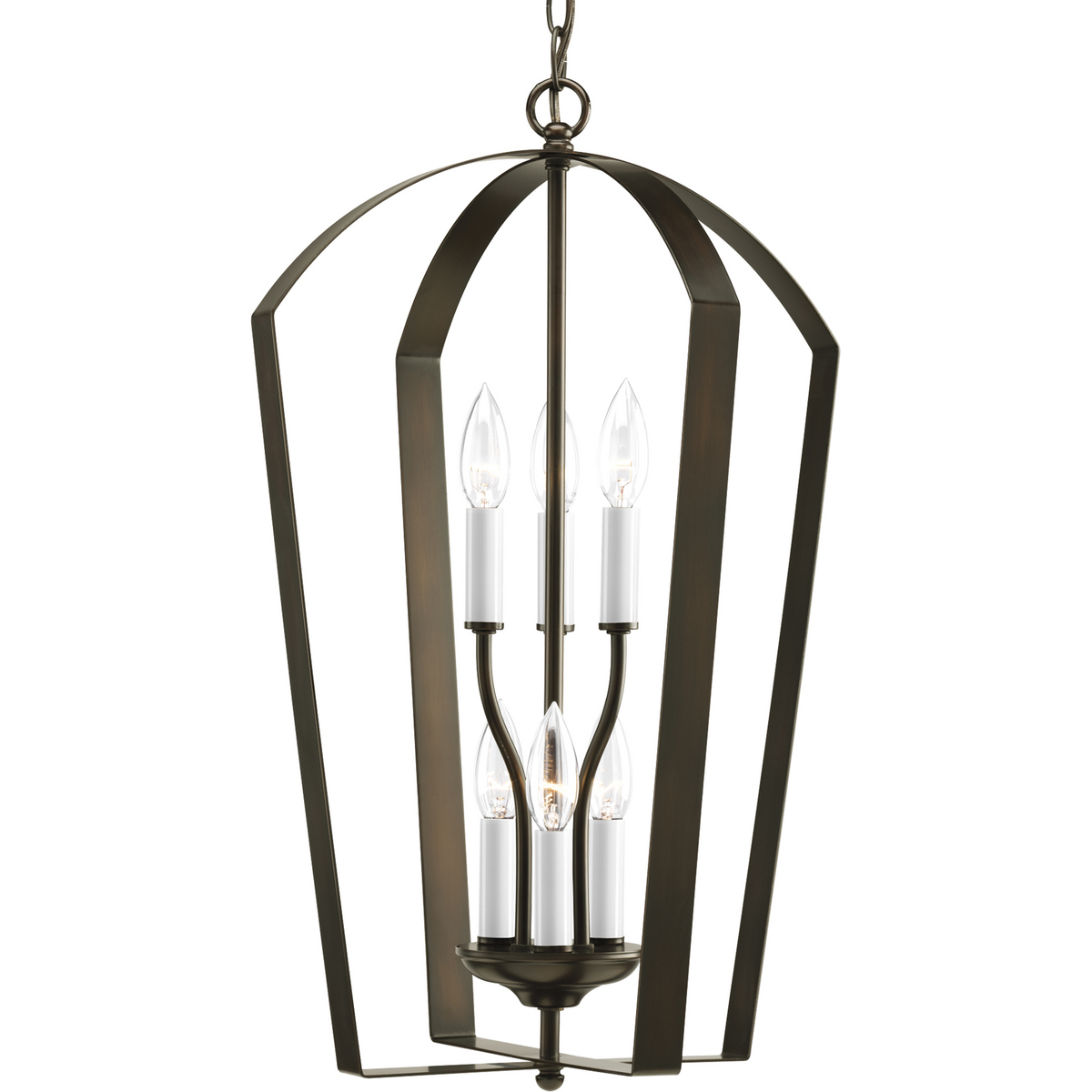 Gather possesses a smart simplicity to complement today's home. This six-light foyer fixture contains both white and matching finish candle sleeves which add distinction and elegance to your room. Featuring a glamorous Antique Bronze finished frame, this collection allows you to decorate an entire home with confidence and style.