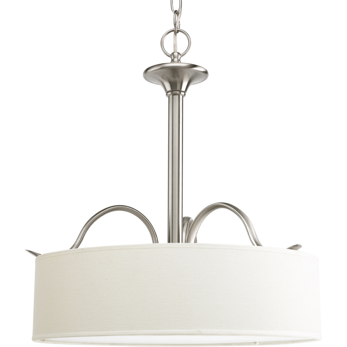 Harkening back to a simpler time, the Inspire Collection freshens traditional forms with flowing lines. Waving metal arms rush from the center to gracefully support off-white linen shades in this three-light inverted pendant in Brushed Nickel.