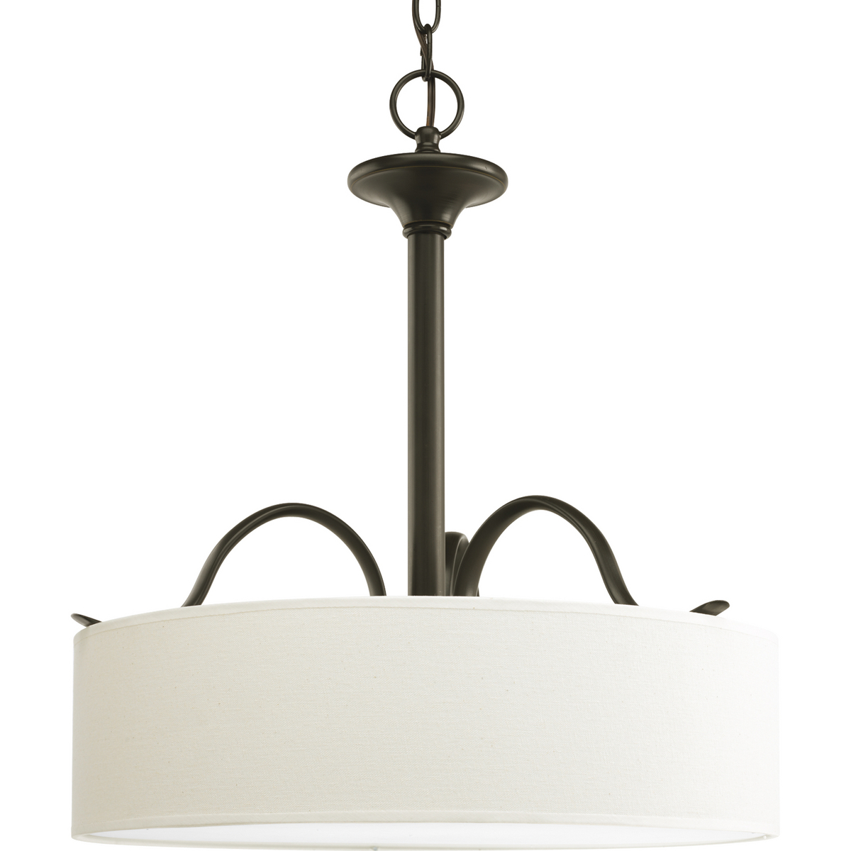 Harkening back to a simpler time, the Inspire Collection freshens traditional forms with flowing lines. Waving metal arms rush from the center to gracefully support off-white linen shades in this three-light inverted pendant in Antique Bronze.