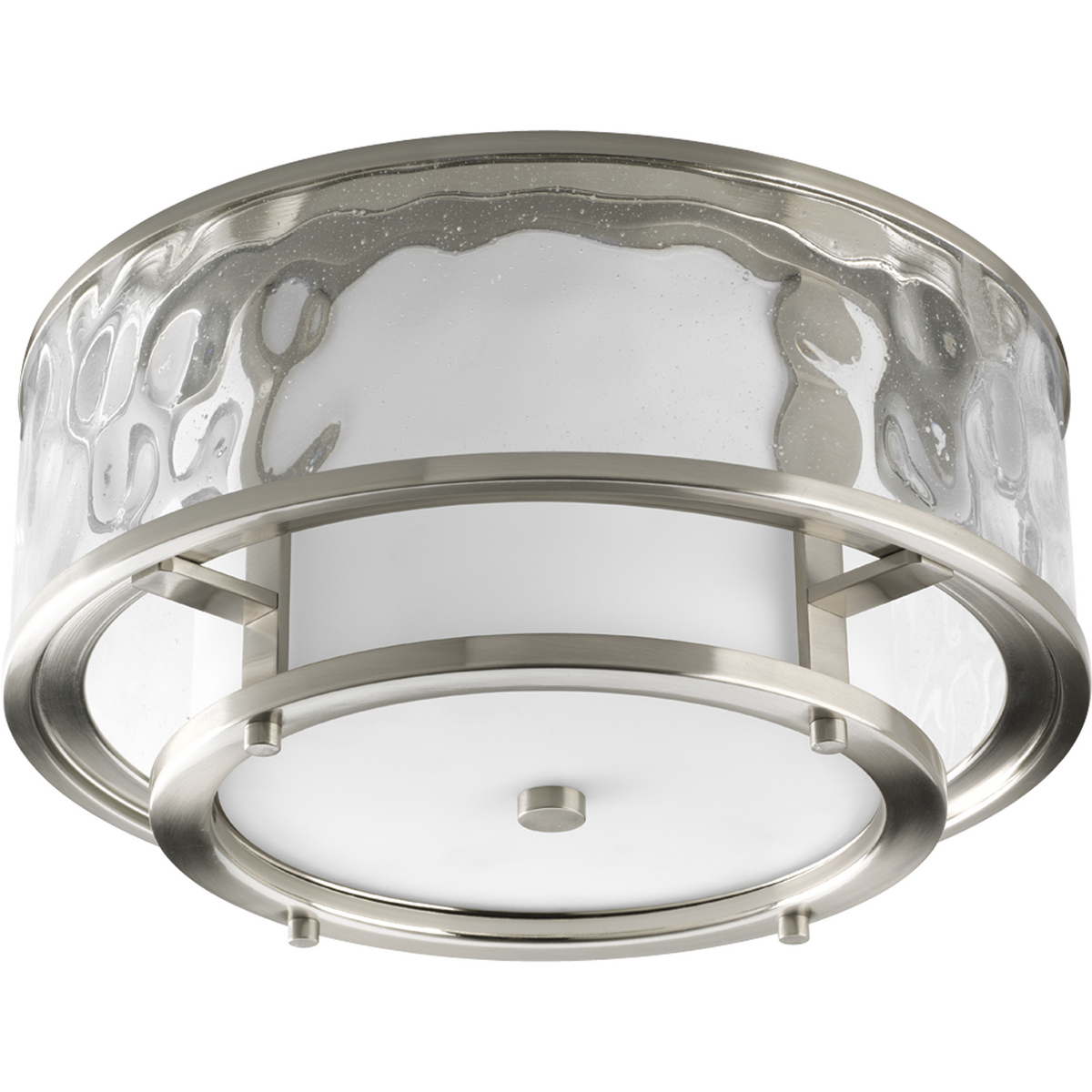 Discover the antique nautical antique charm of this Bay Court Collection Two-Light 15 in Flush Mount. An etched glass diffuser is surrounded by a water glass gallery for a clean, beautiful, design. This contemporary interpretation of a classic light fixture is ideal for both indoor and covered outdoor locations in need of overhead illumination. Brushed Nickel finish.