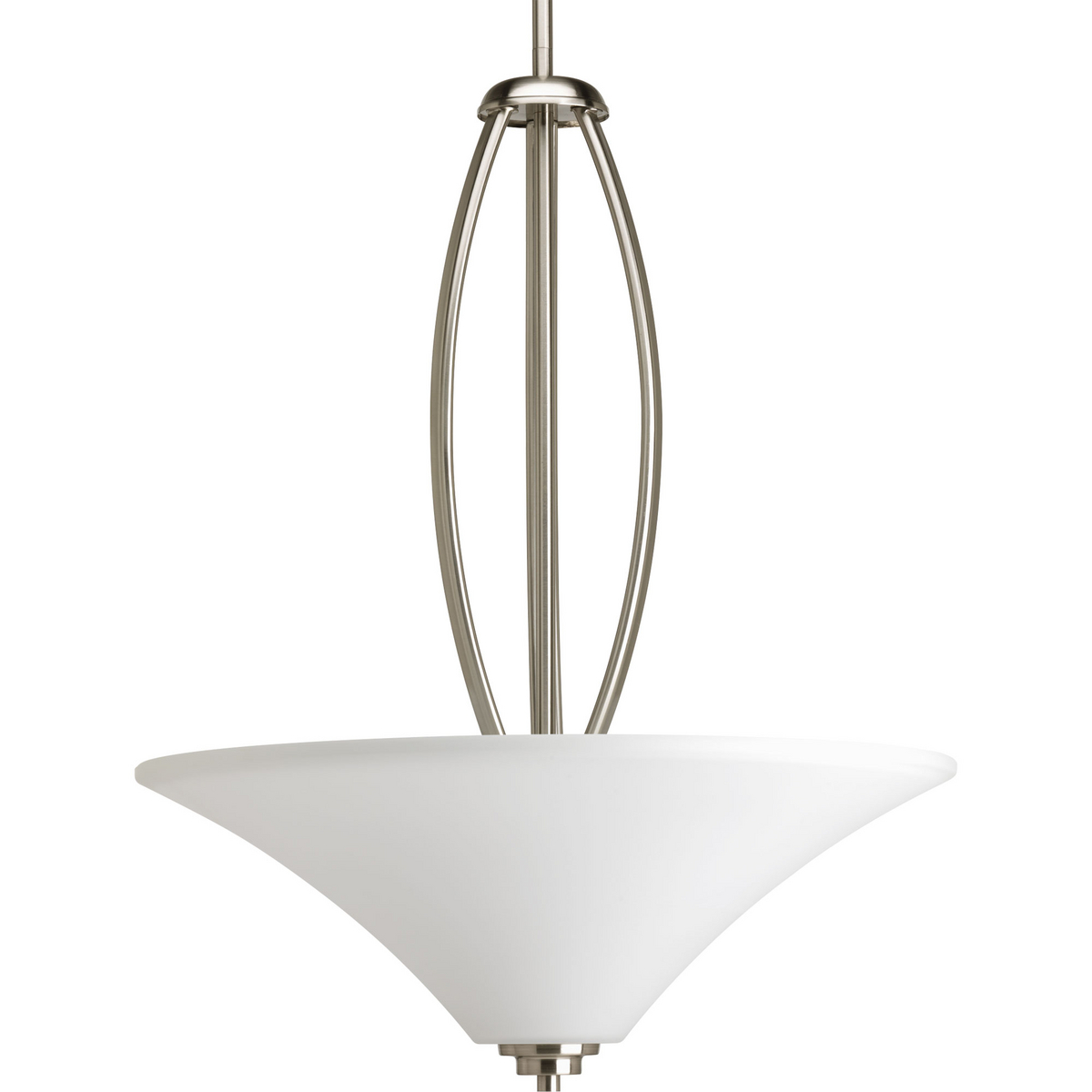 Gleeful simplicity defines the Joy Collection. Refreshing and fashionable, arcing forms of metal and fluted glass shades are enhanced by a classic Brushed Nickel finish. This three-light inverted pendant with a truly transitional style is ideal for a variety of interior spaces, including kitchens, dining areas and living rooms.
