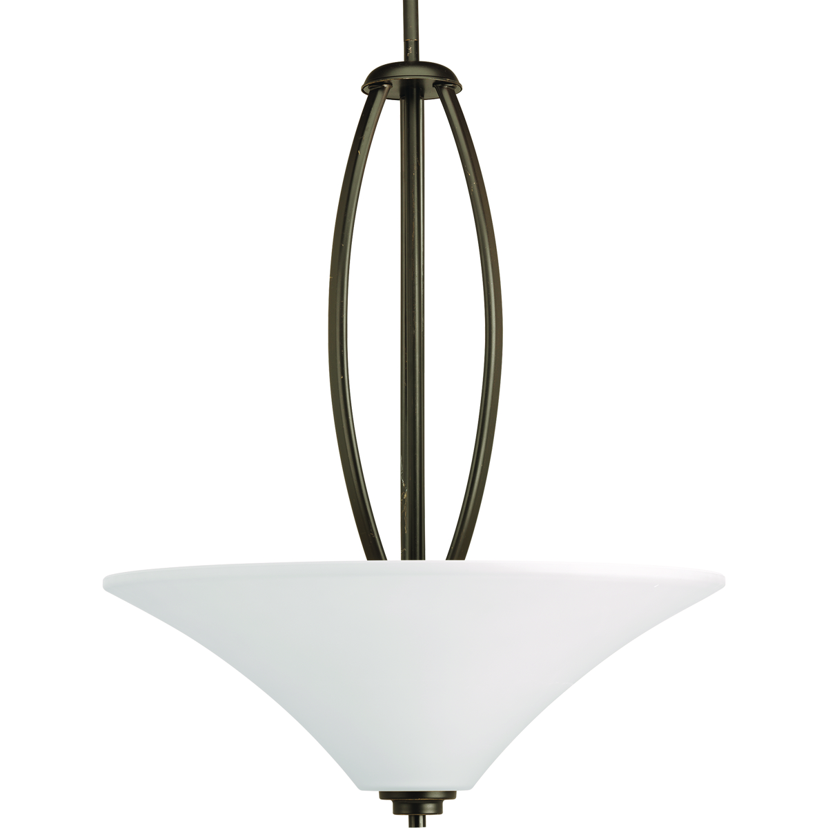 Gleeful simplicity defines this three-light inverted pendant from the Joy Collection. Refreshing and fashionable arcing forms of Antique Bronze metal arms enhance the etched white fluted glass. Coordinating fixtures from this collection let you decorate an entire home with confidence and style. Unique stem-hung construction carries the clean line all the way to the ceiling and, for sloped ceilings, six feet of 9 gauge chain is provided to allow the fixture to hang straight and level.