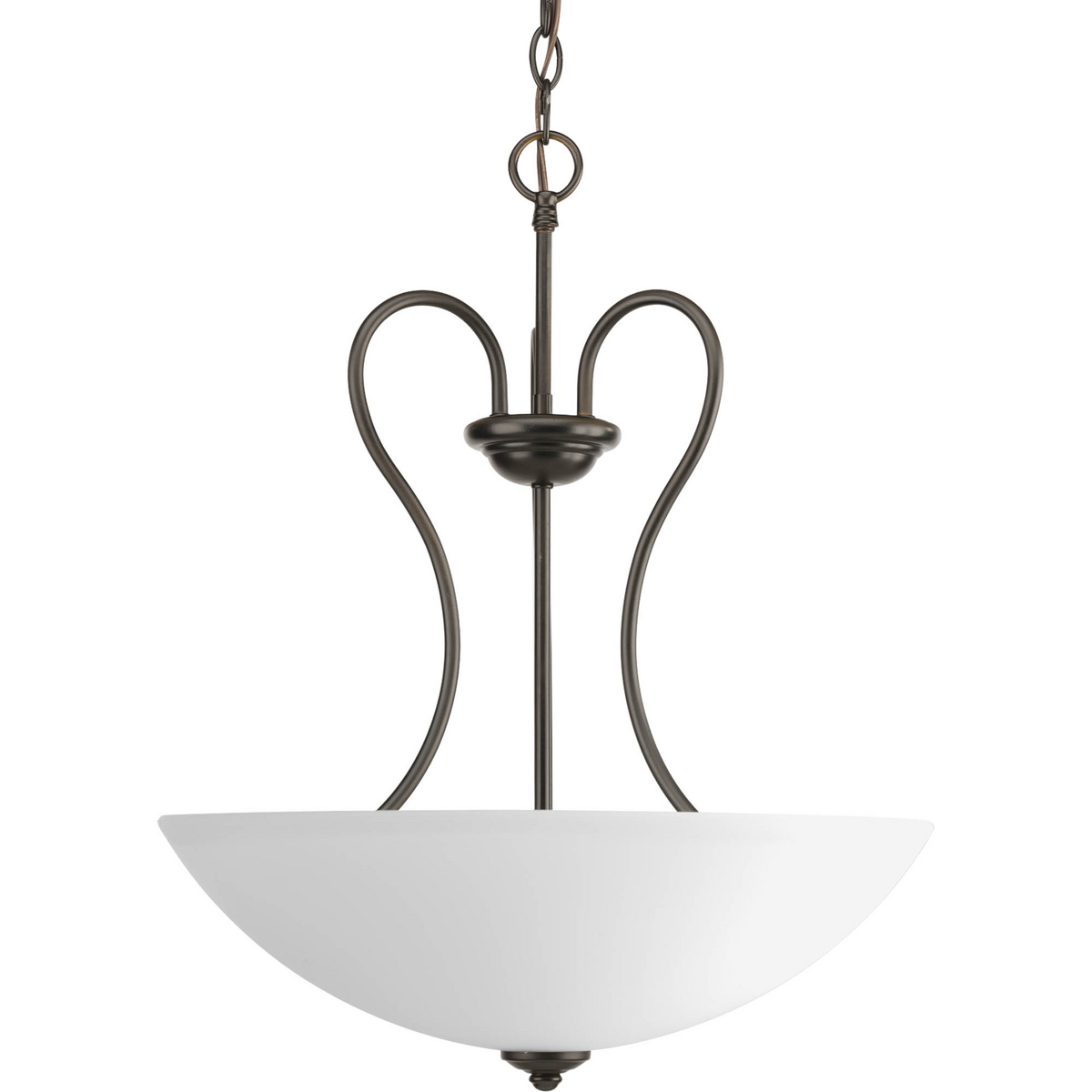 Three-light Antique Bronze inverted pendant with etched glass bowl and curvaceous arms.
