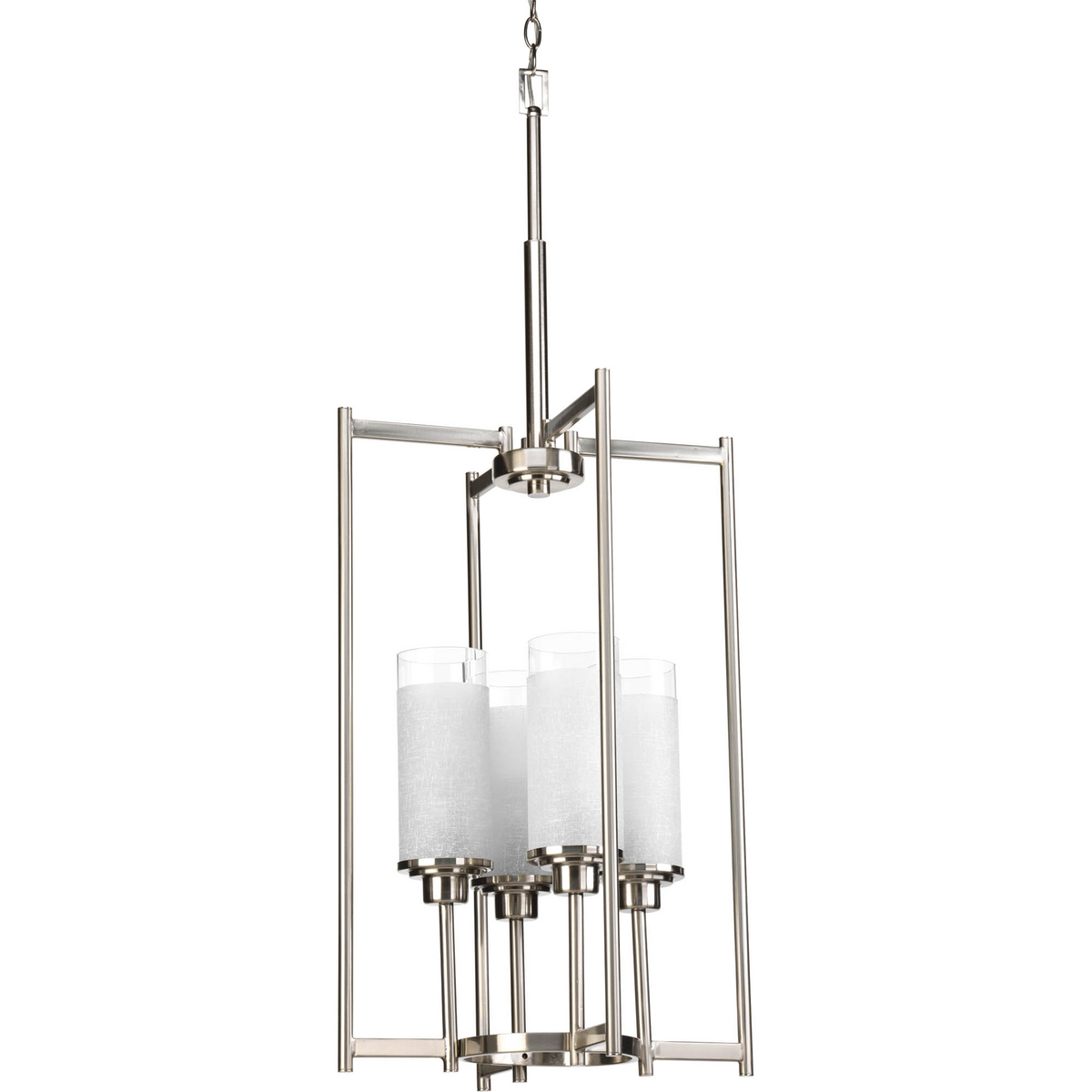 Four-light foyer with white linen finished glass is complemented with a crisp, clear edge accent strip. This collection offers the best of traditional and modern highlight with a Brushed Nickel finish.