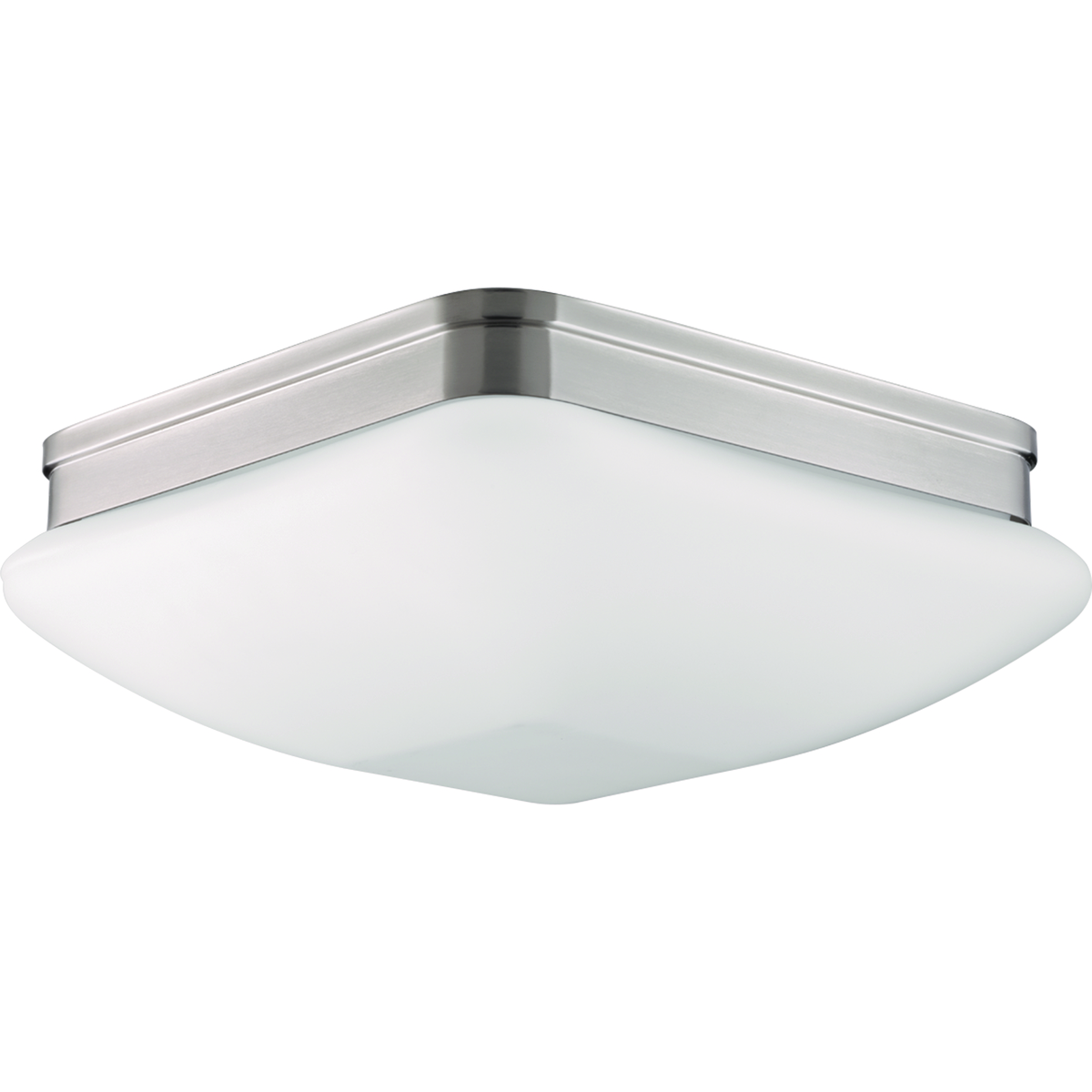 With an elevated style, the three-light 13 inch flush mount appeals to current home decor trends. Soft contemporary design includes square etched opal glass. Damp location listed. Brushed Nickel finish.