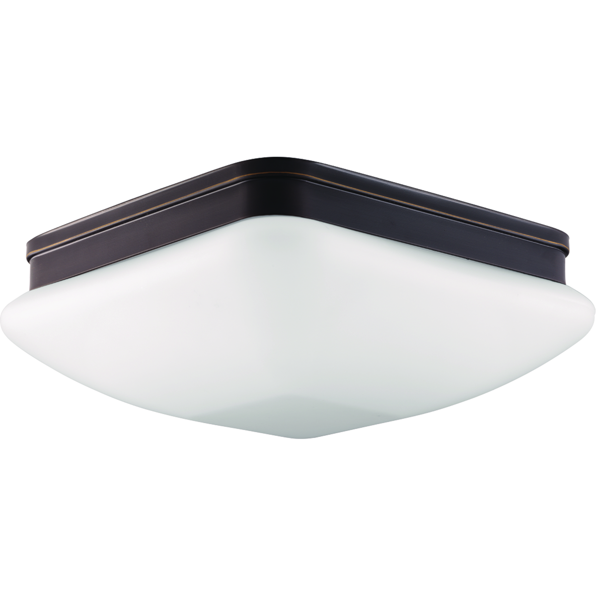 With an elevated style, the three-light 13 inch flush mount appeals to current home decor trends. Soft contemporary design includes square etched opal glass. Damp location listed. Antique Bronze finish.